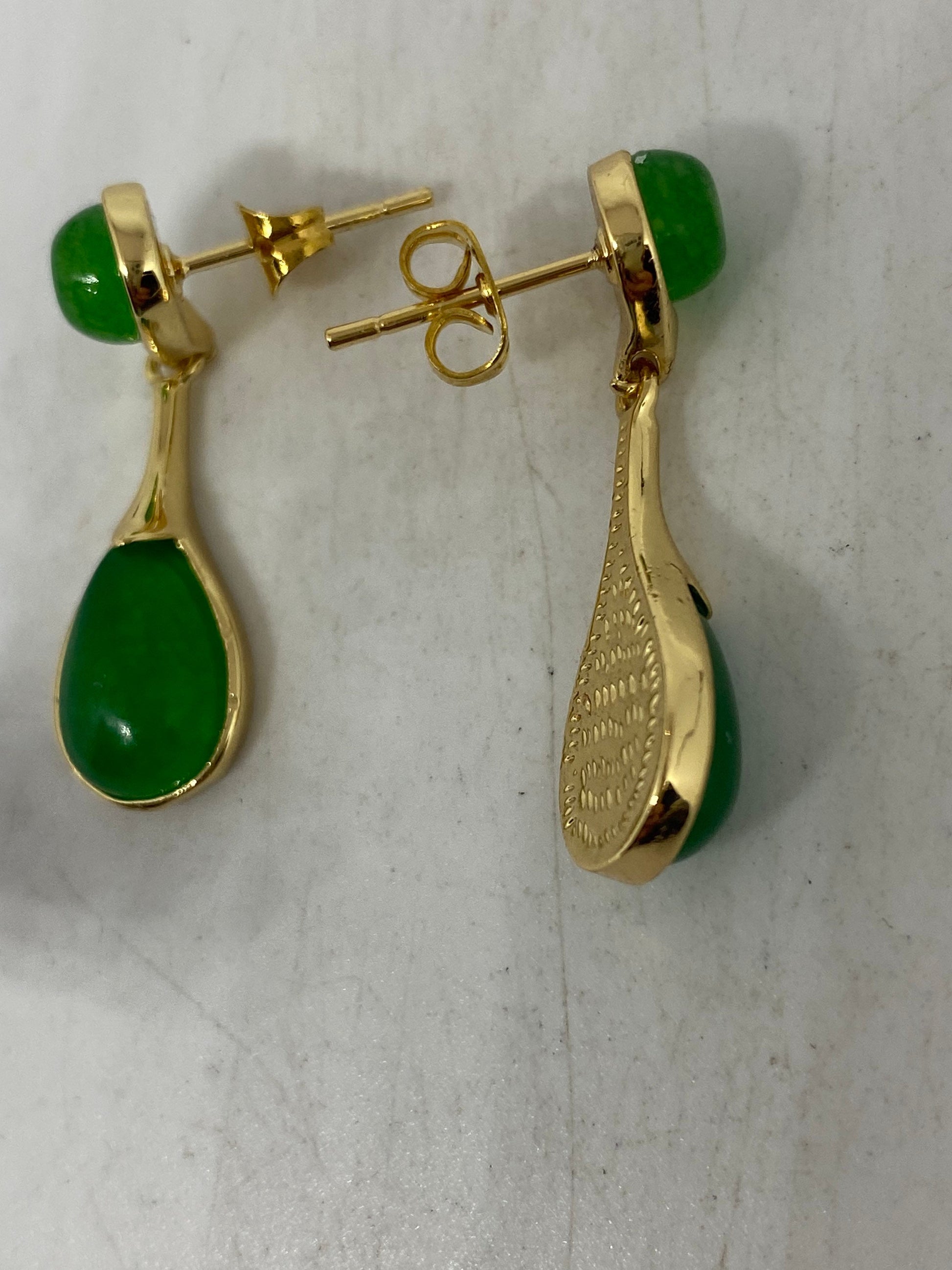 Vintage Fun Green jade gemstone gold rhodium bronze earrings