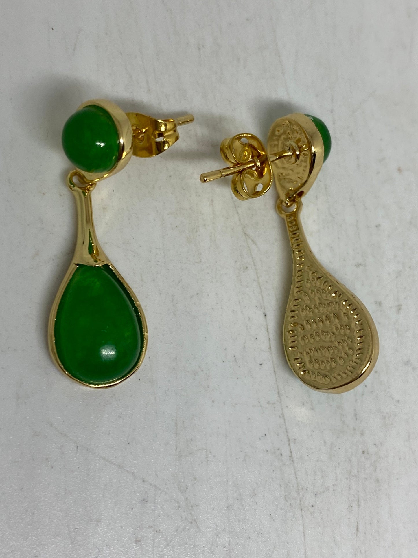 Vintage Fun Green jade gemstone gold rhodium bronze earrings