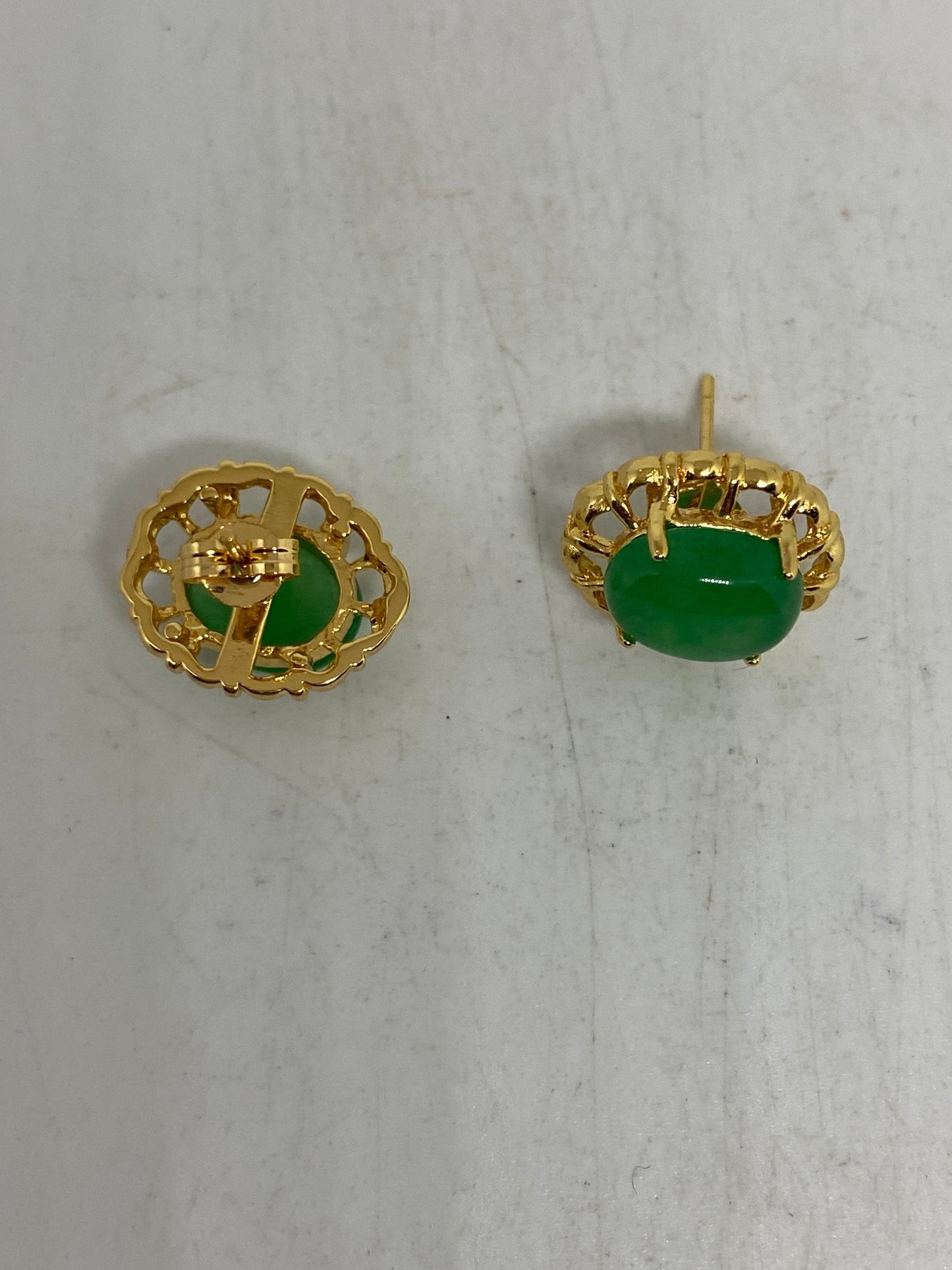 Vintage Fun Green Jade Gemstone Gold Rhodium Bronze Earrings