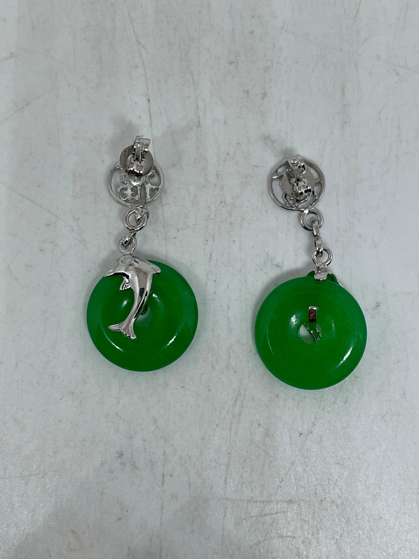 Vintage Fun Green Jade Gemstone Rhodium Bronze Earrings