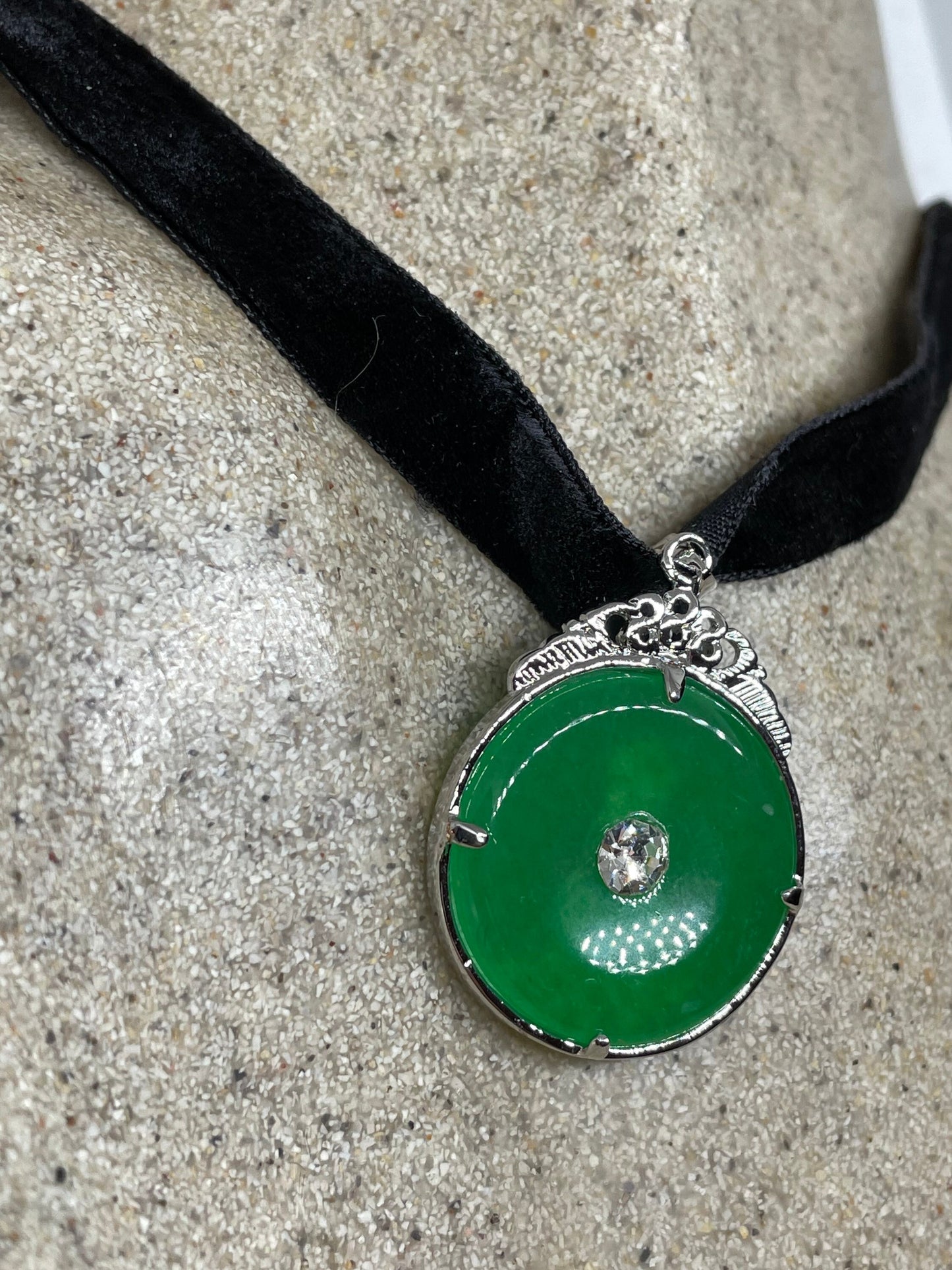 Vintage Green Jade Buddha Choker Silver Finish Necklace Pendant