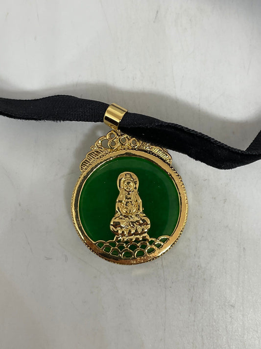 Vintage Green Jade Buddha Choker Golden Finish Necklace Pendant