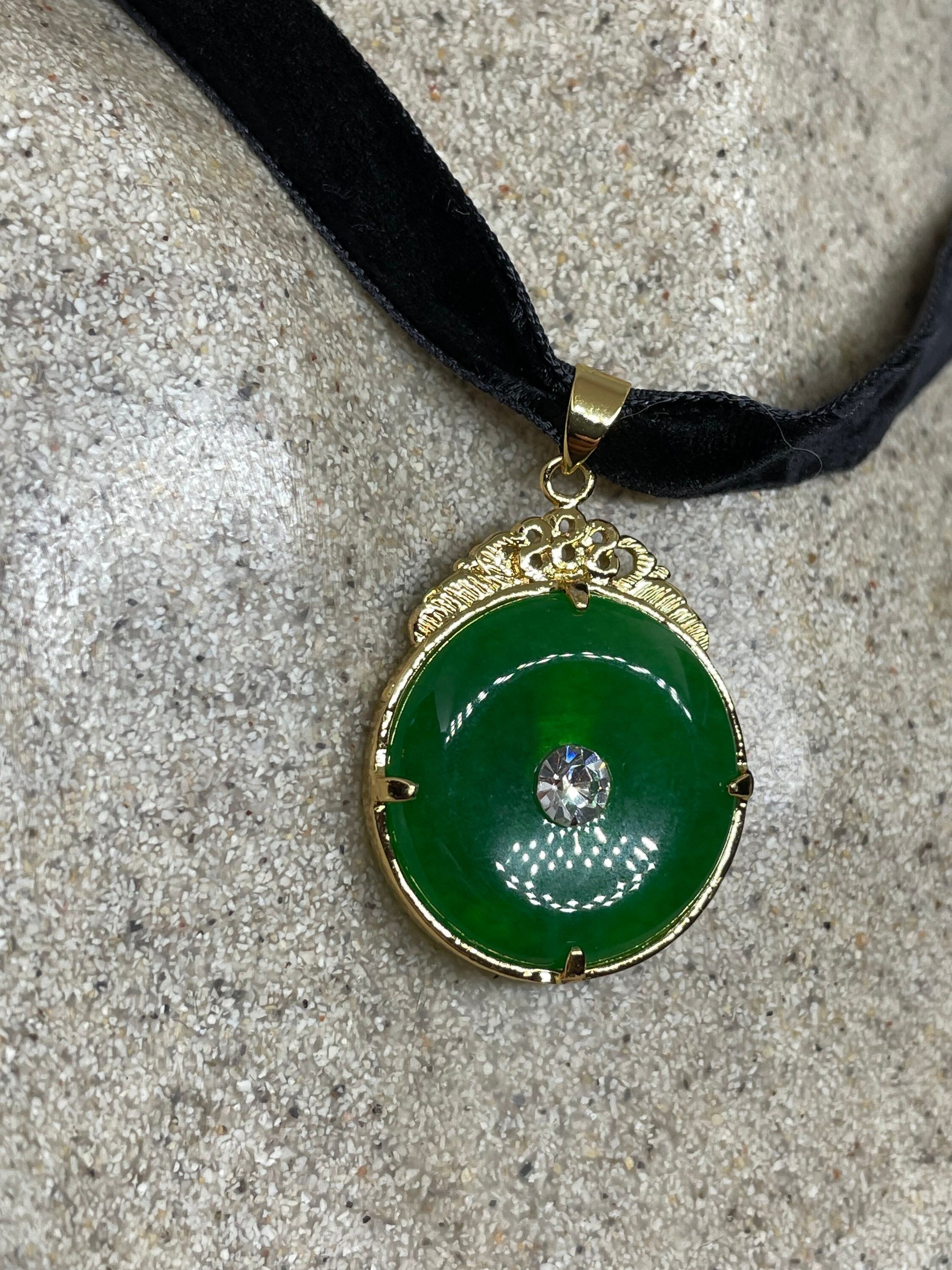Vintage Green Jade Buddha Choker Golden Finish Necklace Pendant
