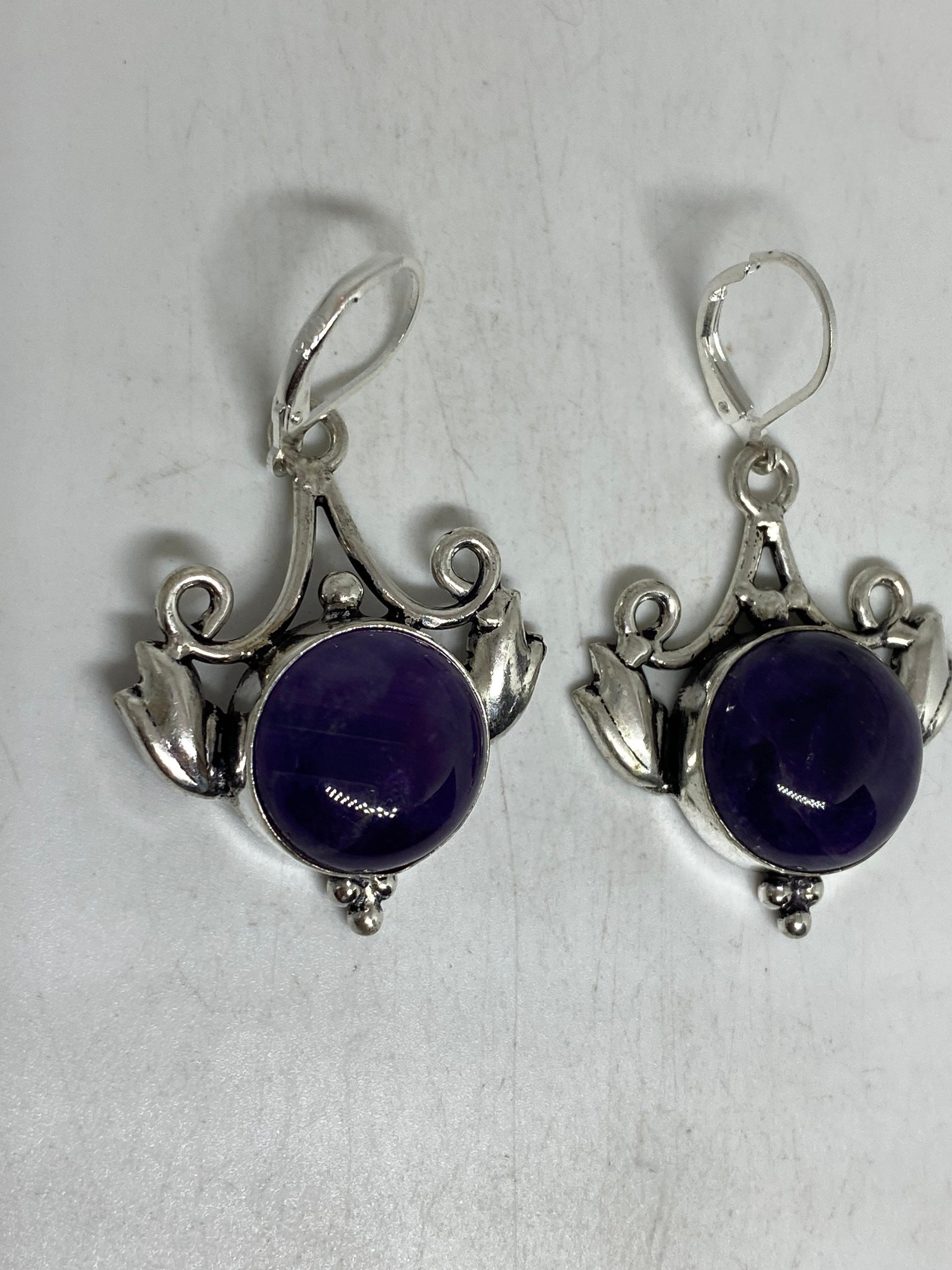 Vintage Purple Amethyst Earrings 925 Sterling Silver Leverback