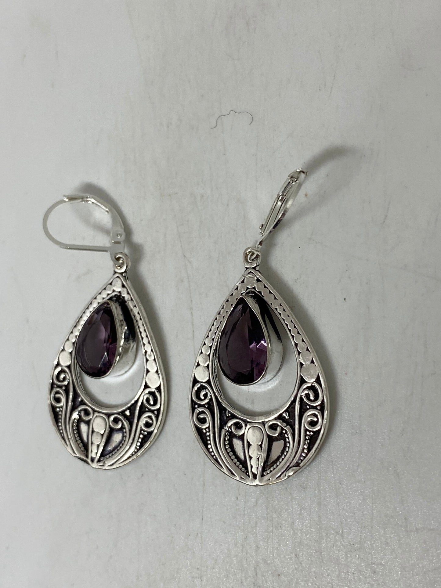 Vintage Purple Amethyst Earrings 925 Sterling Silver Leverback