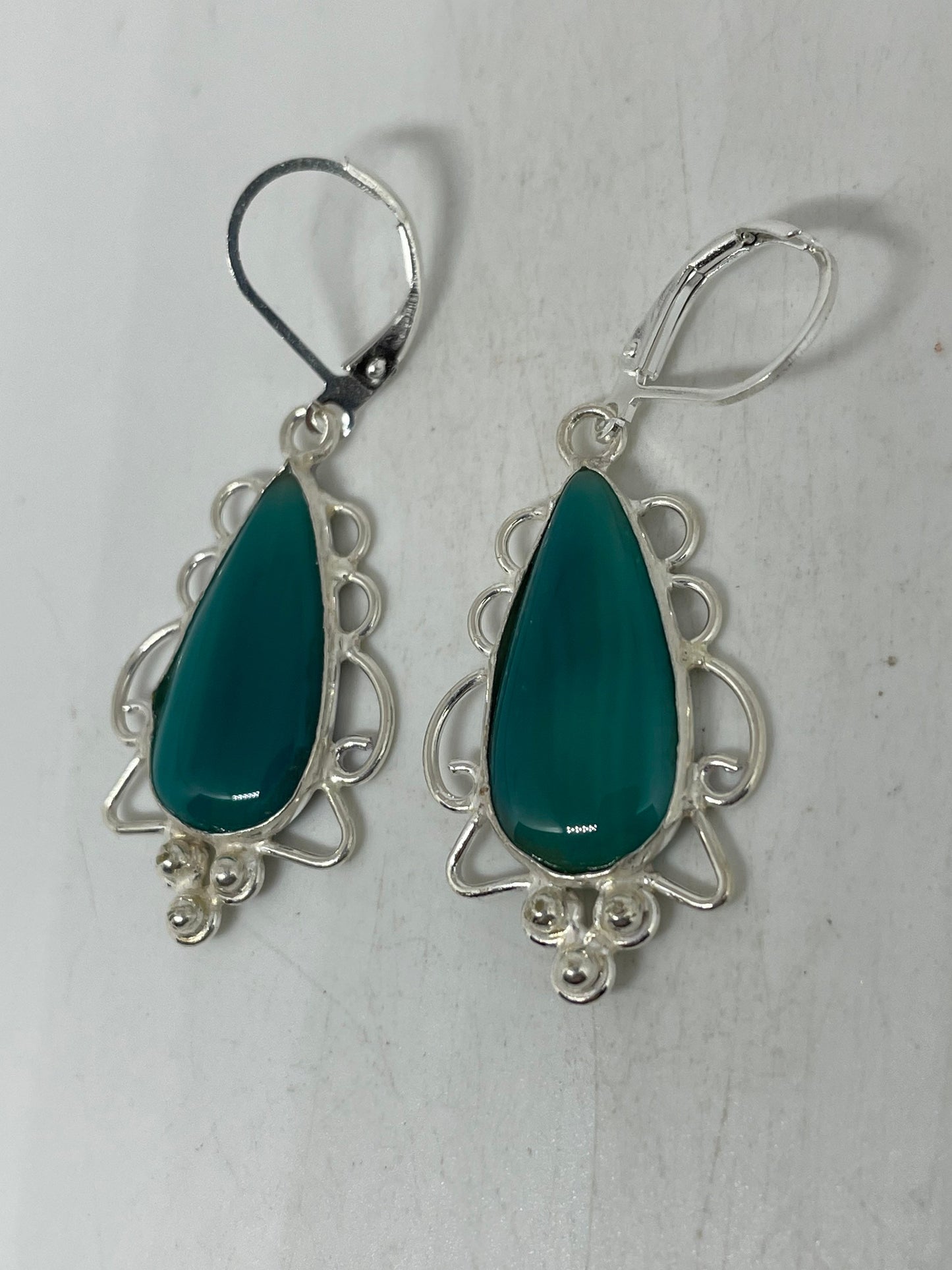 Antique Vintage Green Chrysoprase Silver Dangle Earrings