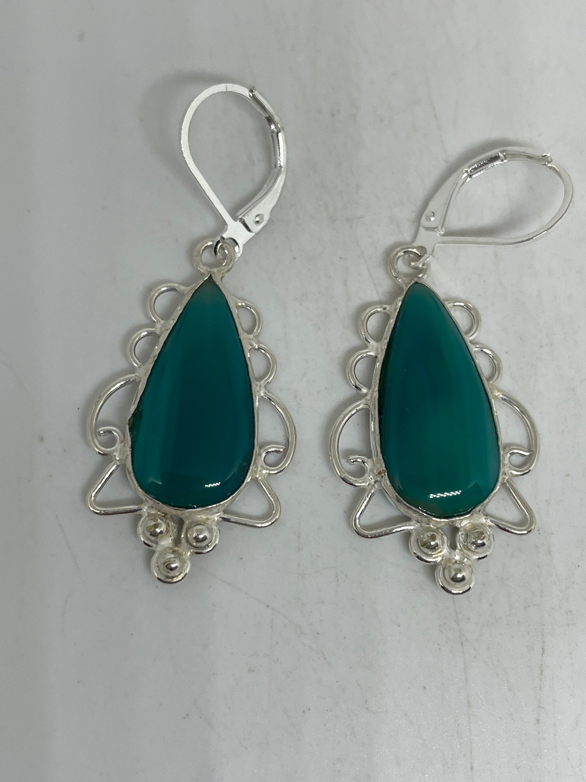 Antique Vintage Green Chrysoprase Silver Dangle Earrings