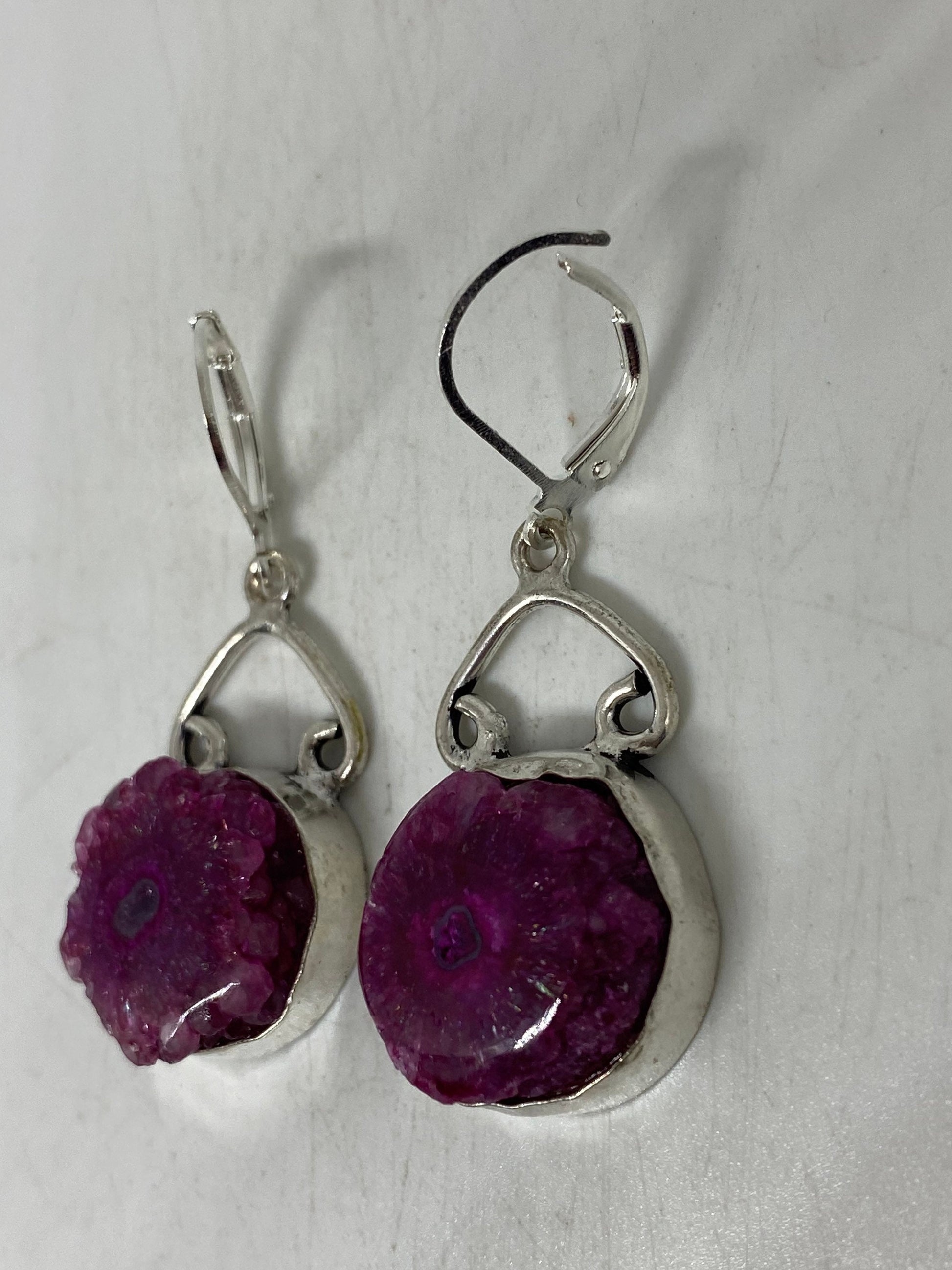 Antique Vintage Purple Banded agate Silver Dangle Earrings