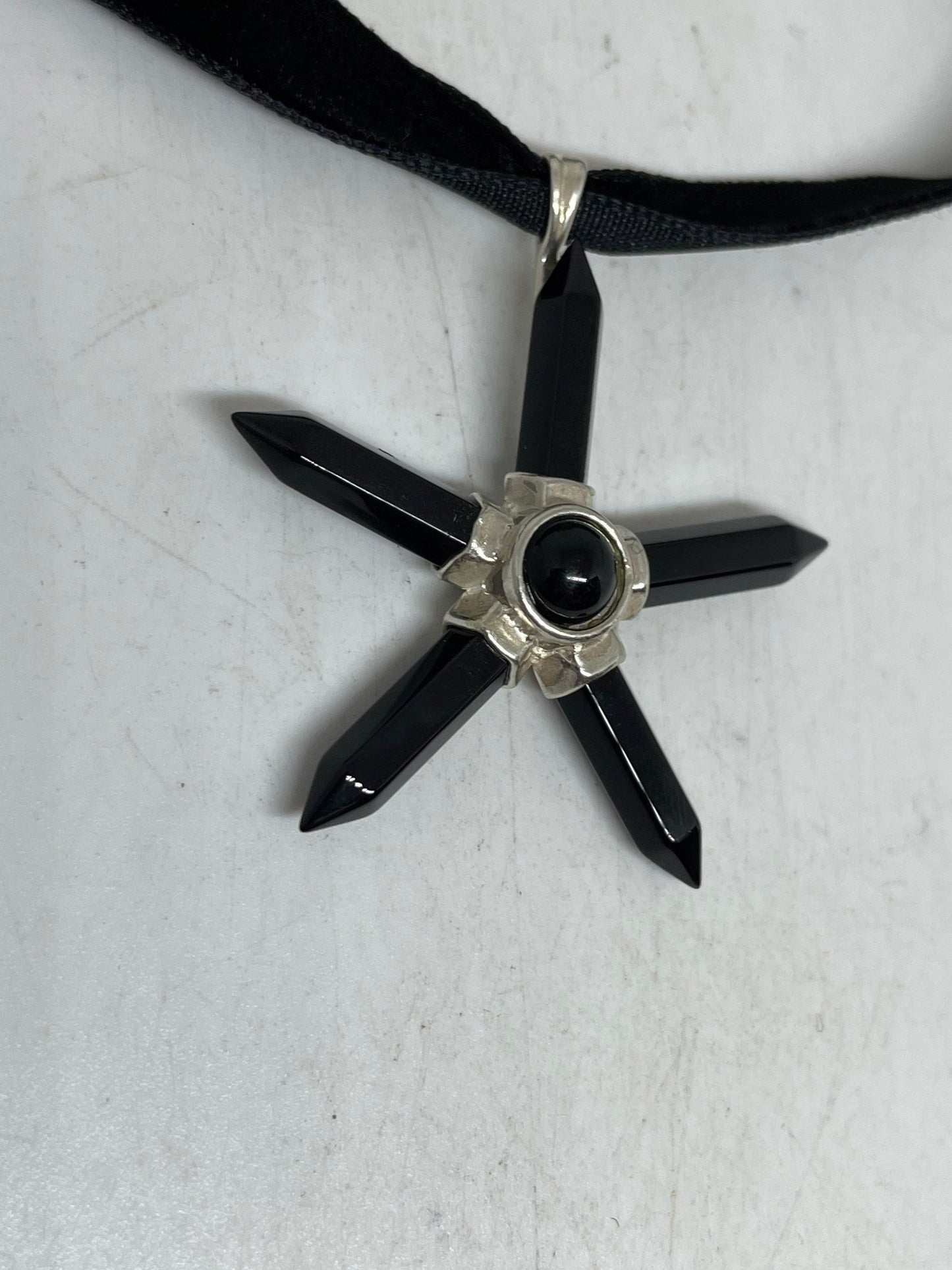 Vintage Black Onyx Choker 925 Sterling Silver Pendant Necklace
