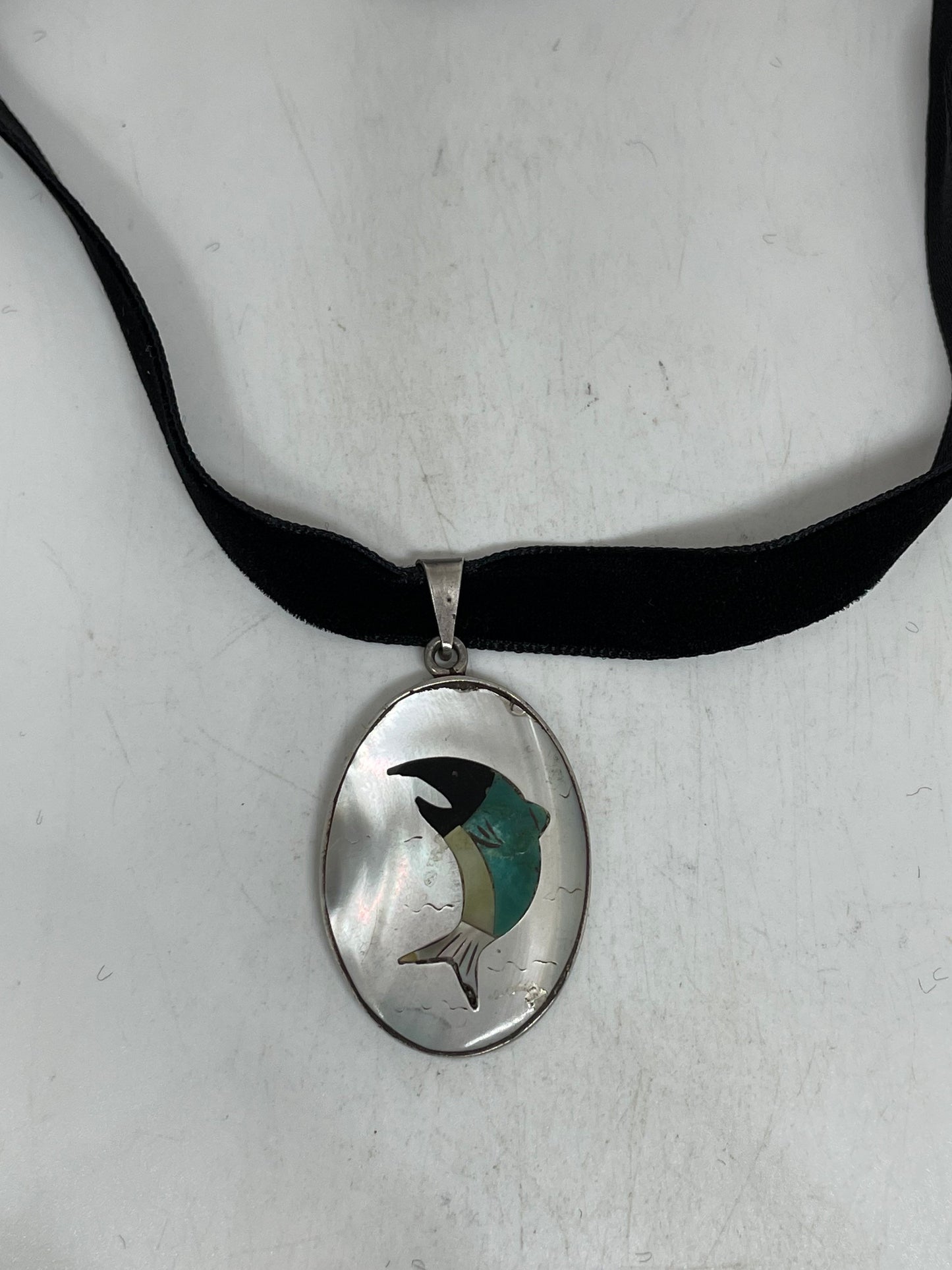 Vintage 925 Sterling Silver Genuine Gemstone Inlay Dolphin Choker Necklace