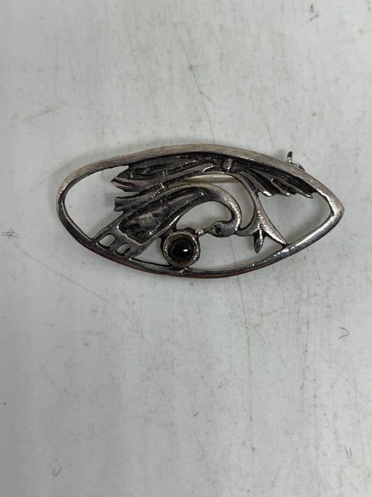Vintage Pin Black Onyx 925 Sterling Silver Brooch