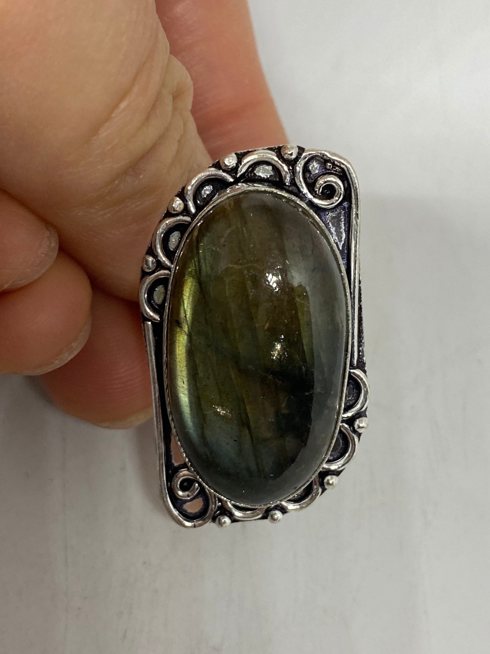 Vintage Large Blue Green Labradorite Stone Silver Ring