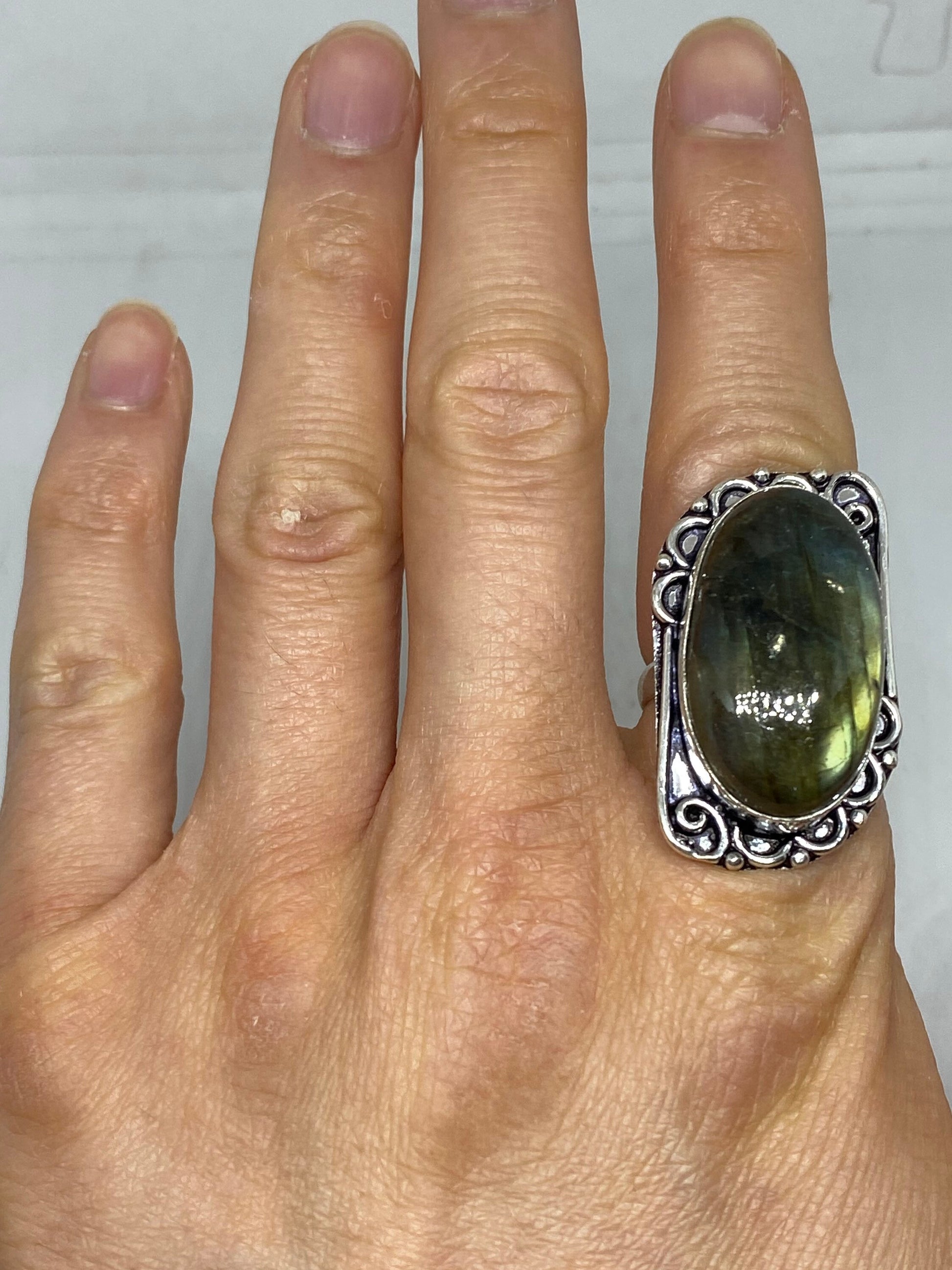 Vintage Large Blue Green Labradorite Stone Silver Ring