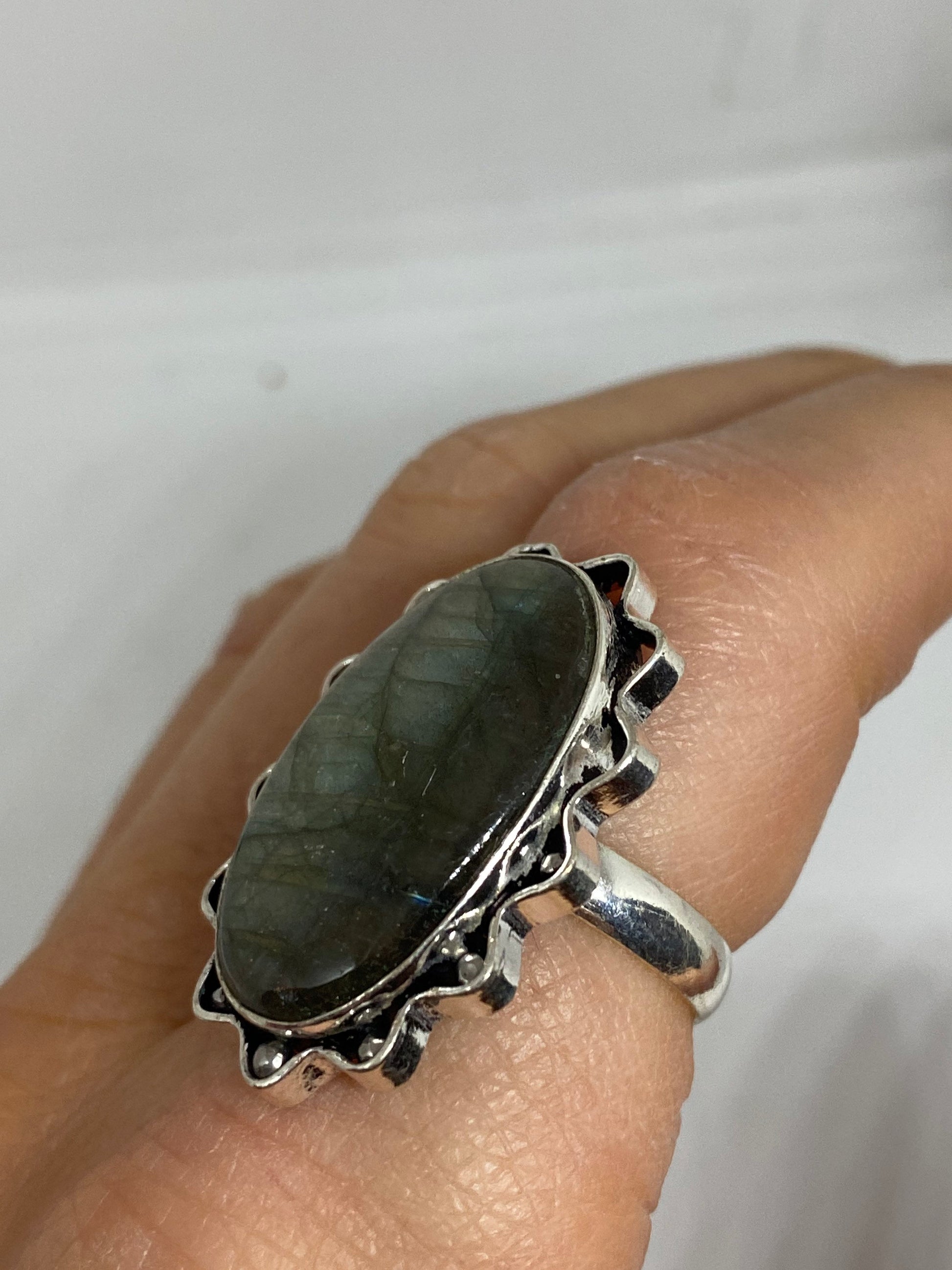 Vintage Large Blue Green Labradorite Stone Silver Ring