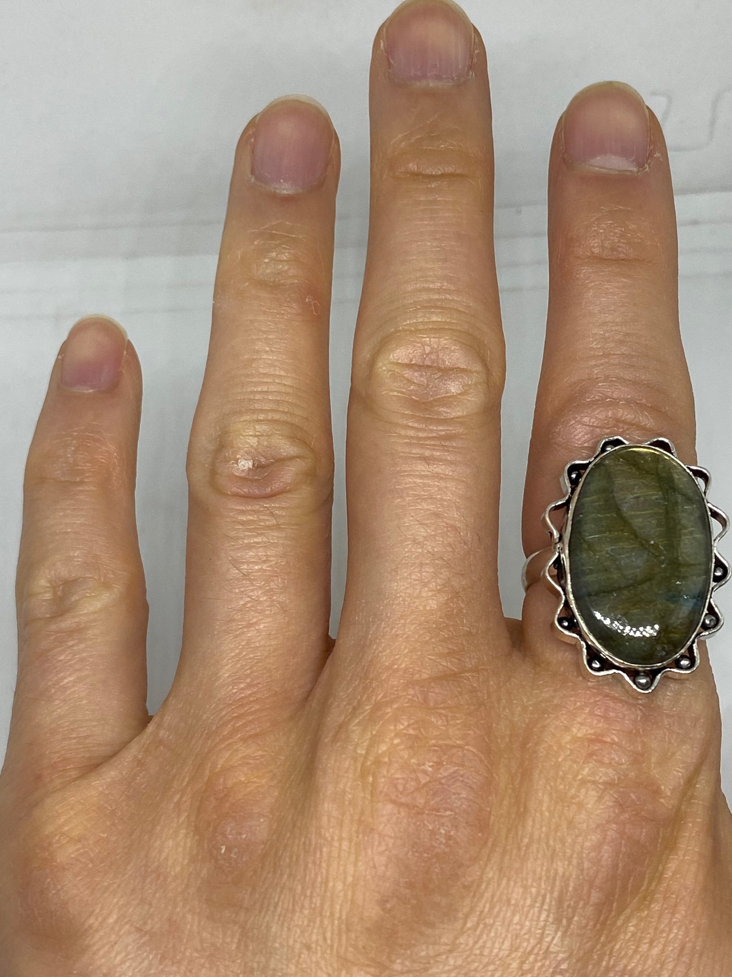 Vintage Large Blue Green Labradorite Stone Silver Ring