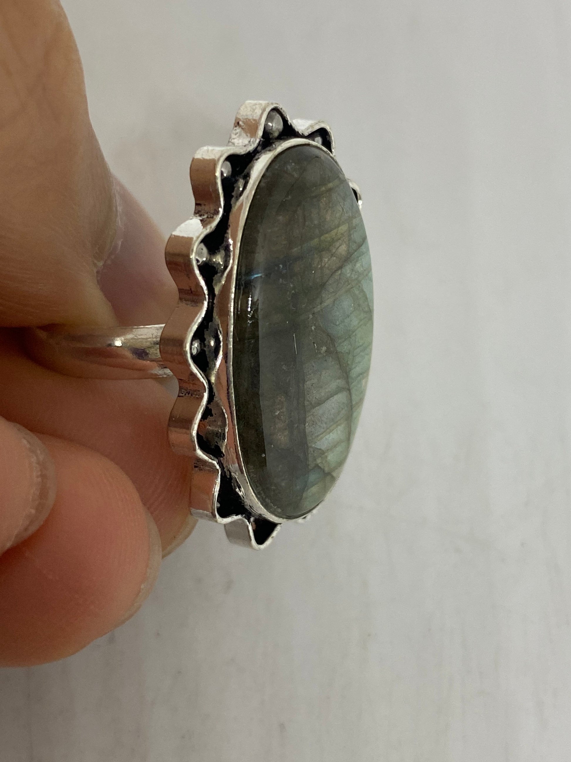 Vintage Large Blue Green Labradorite Stone Silver Ring