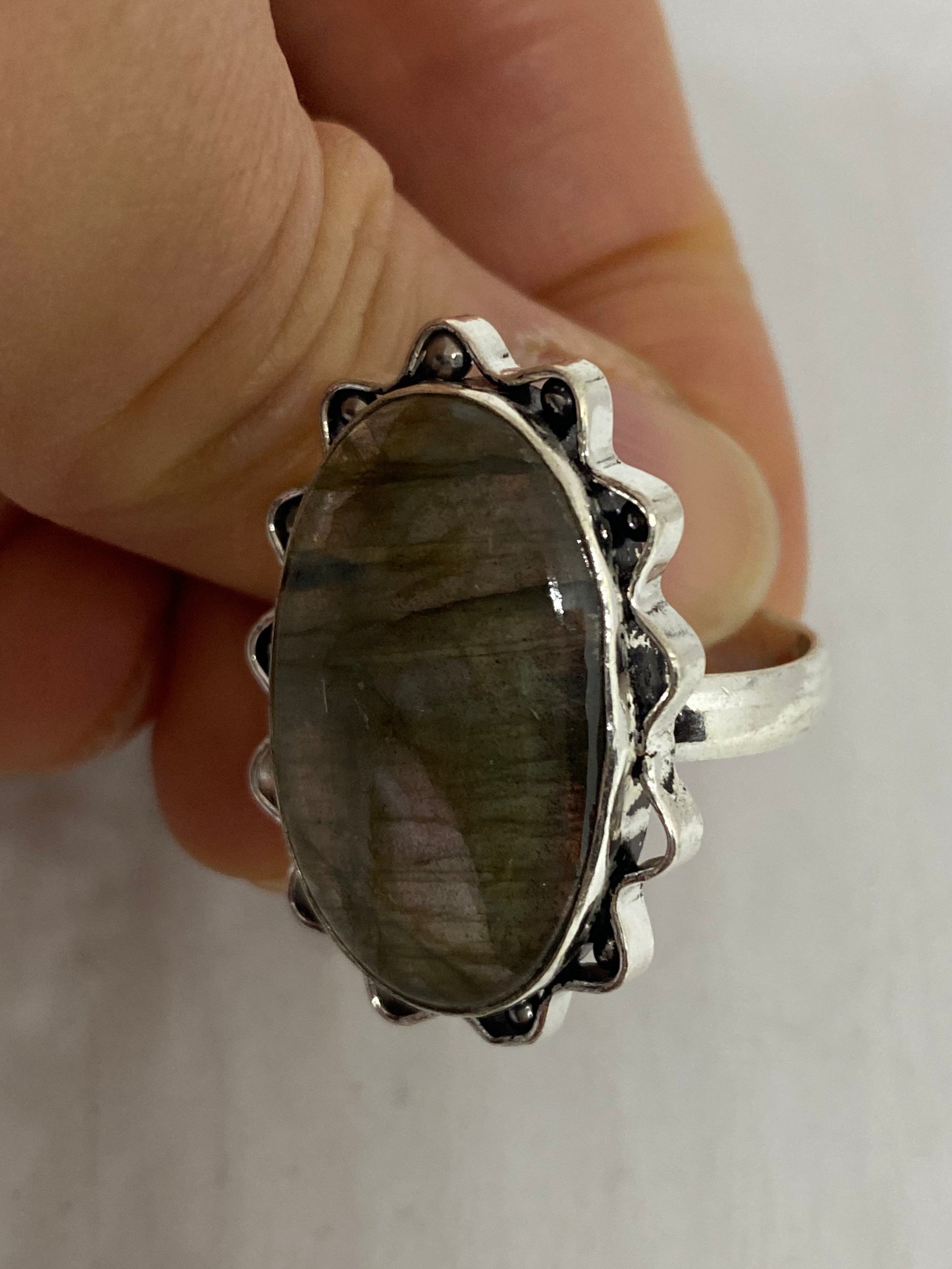 Vintage Large Blue Green Labradorite Stone Silver Ring