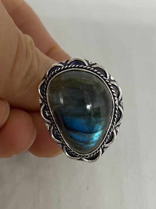 Vintage Large Blue Green Labradorite Stone Silver Ring