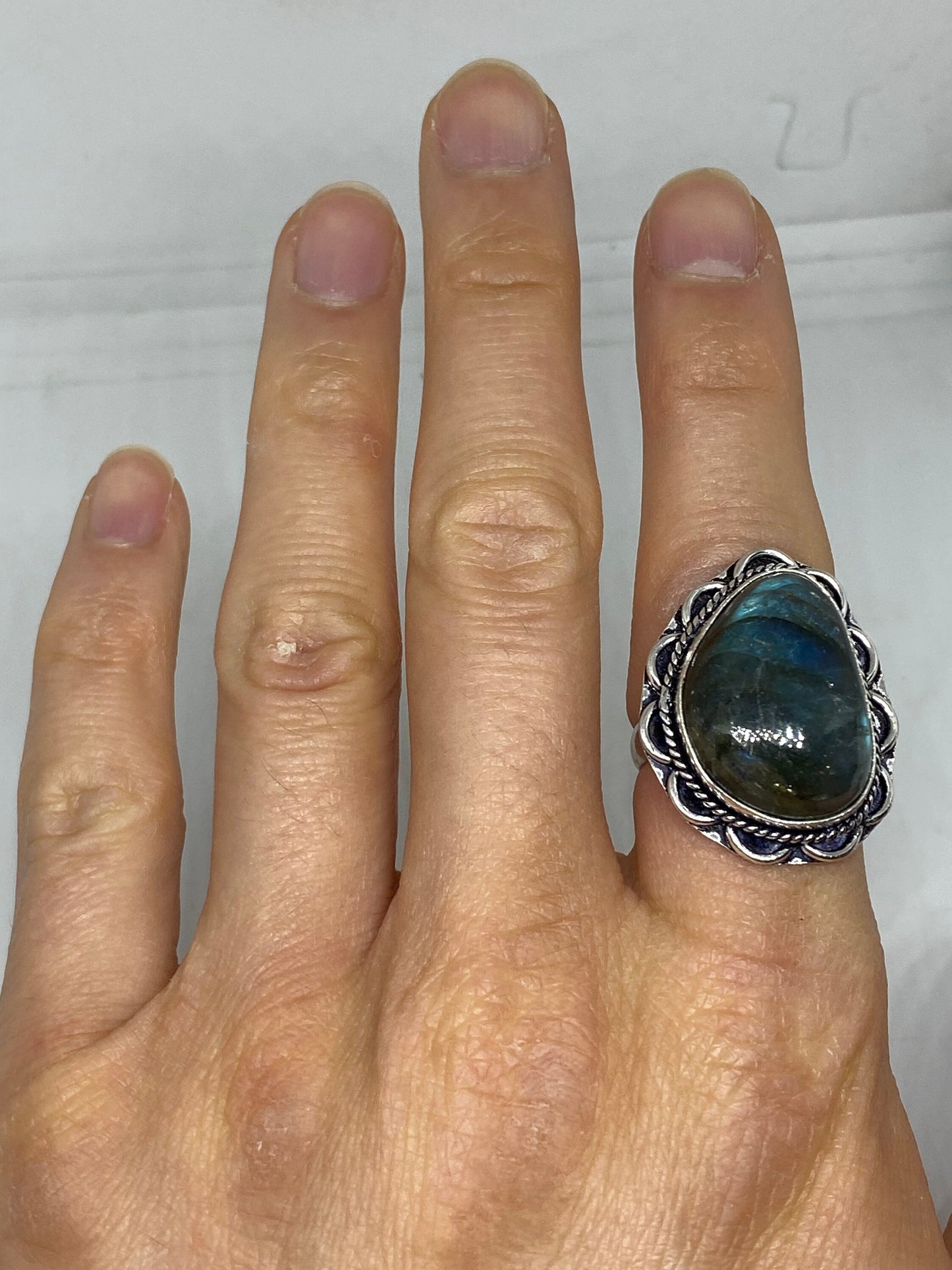 Vintage Large Blue Green Labradorite Stone Silver Ring