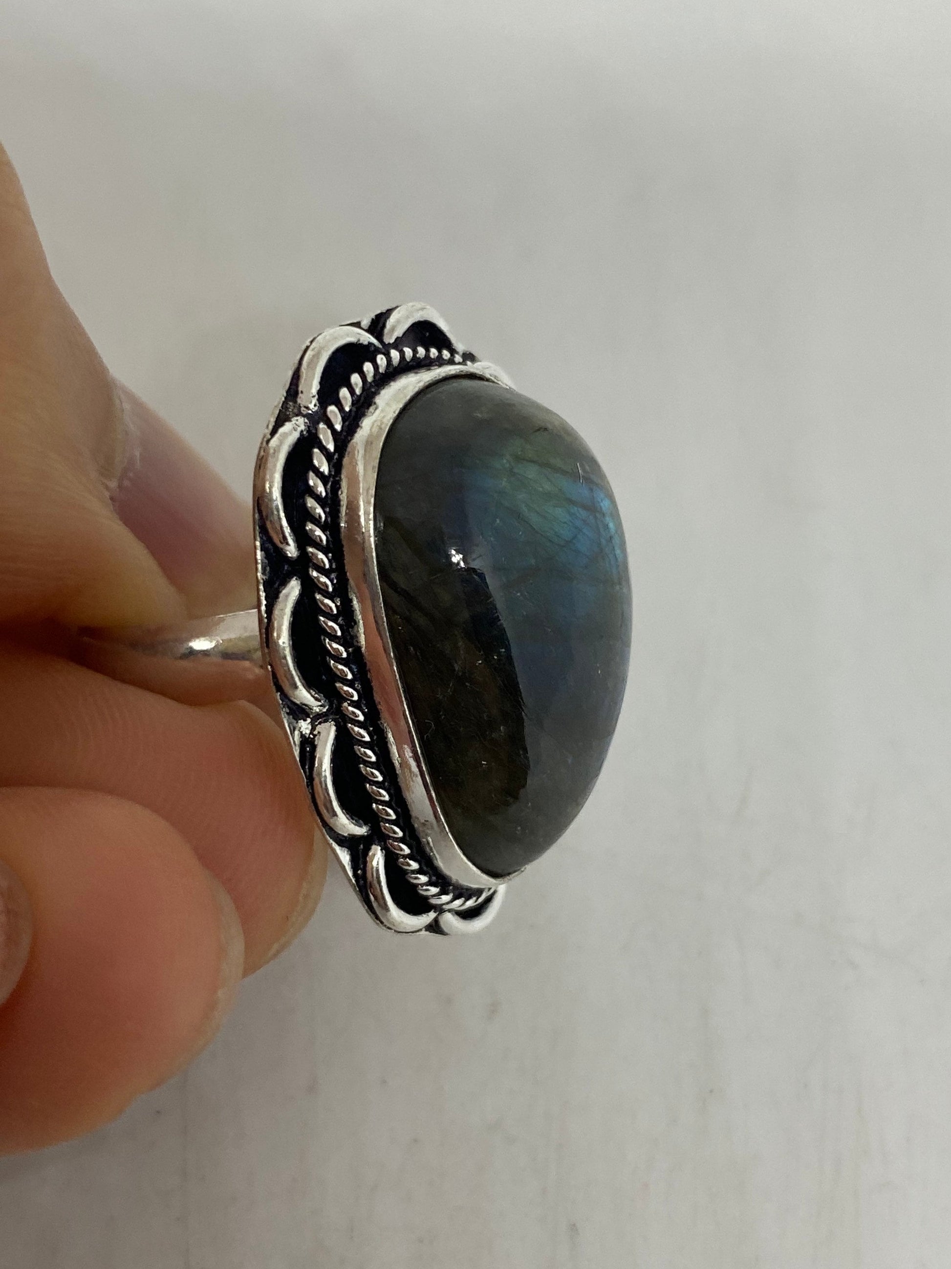 Vintage Large Blue Green Labradorite Stone Silver Ring