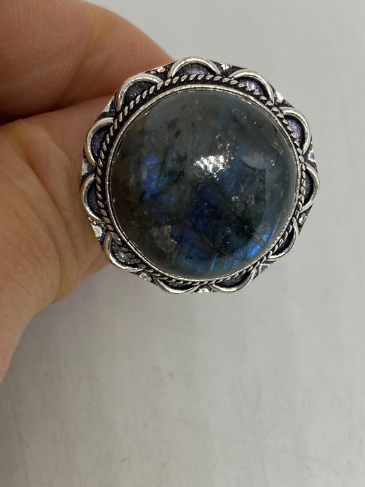 Vintage Large Blue Green Labradorite Stone Silver Ring