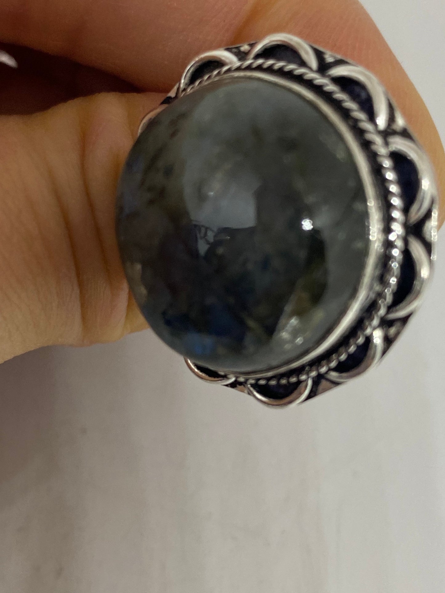 Vintage Large Blue Green Labradorite Stone Silver Ring