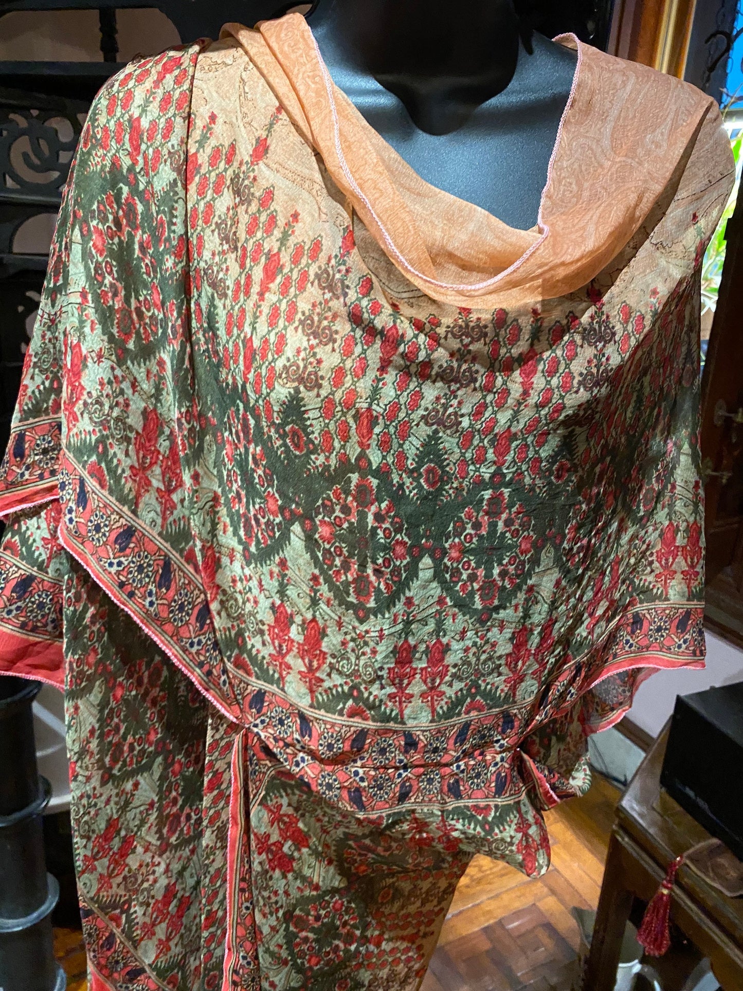 Vintage Japanese Print Scarf Wrap Poncho