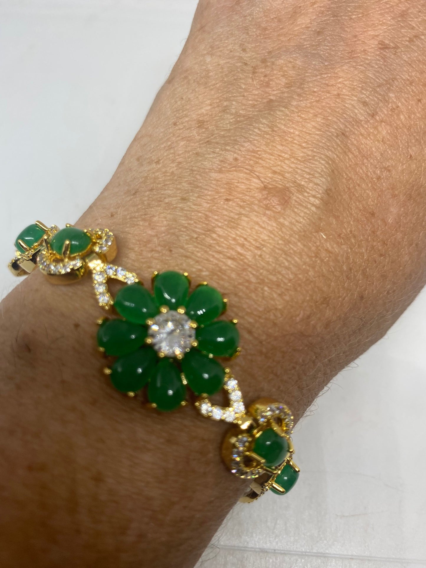 Vintage Green Jade Bracelet Golden White Bronze