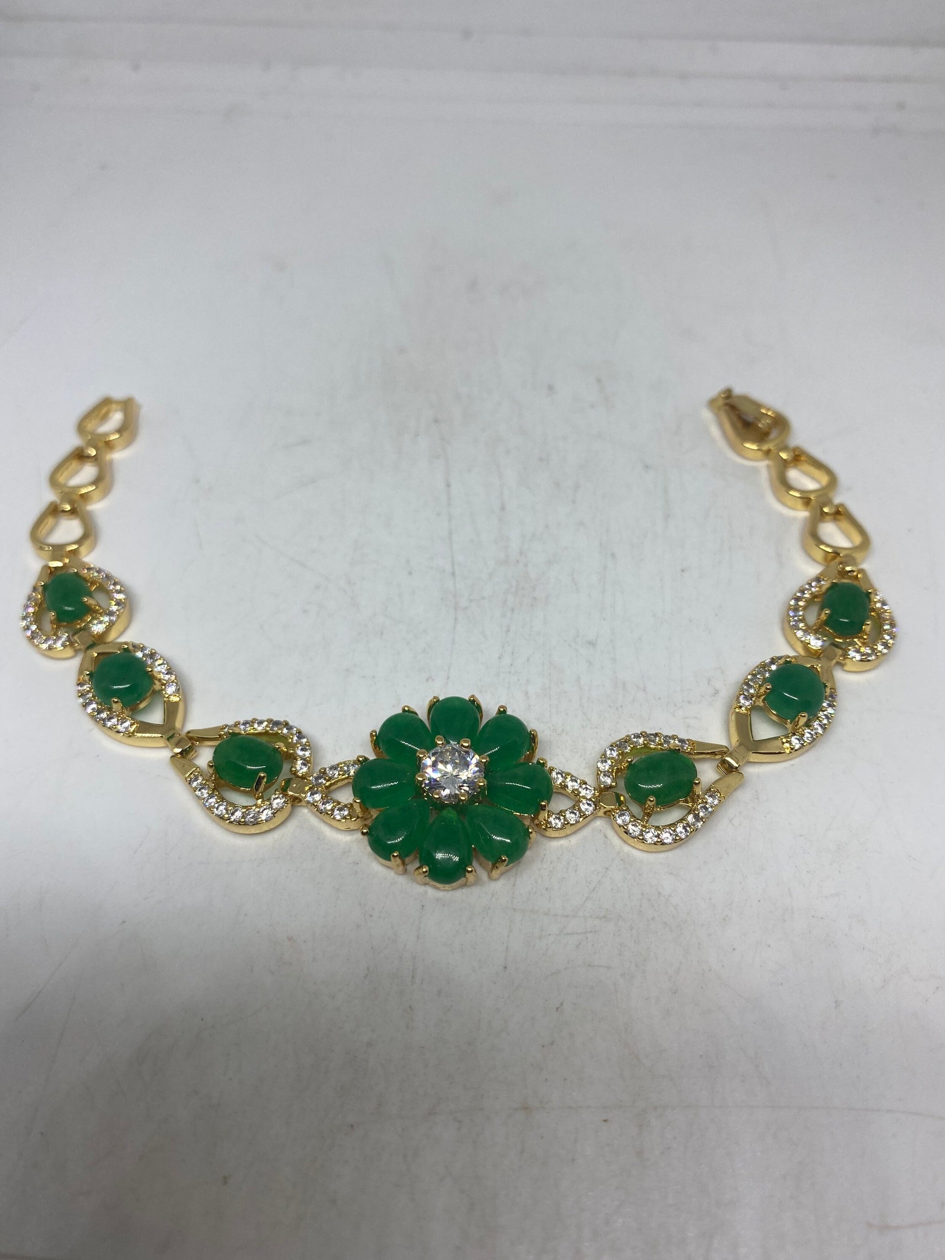 Vintage Green Jade Bracelet Golden White Bronze