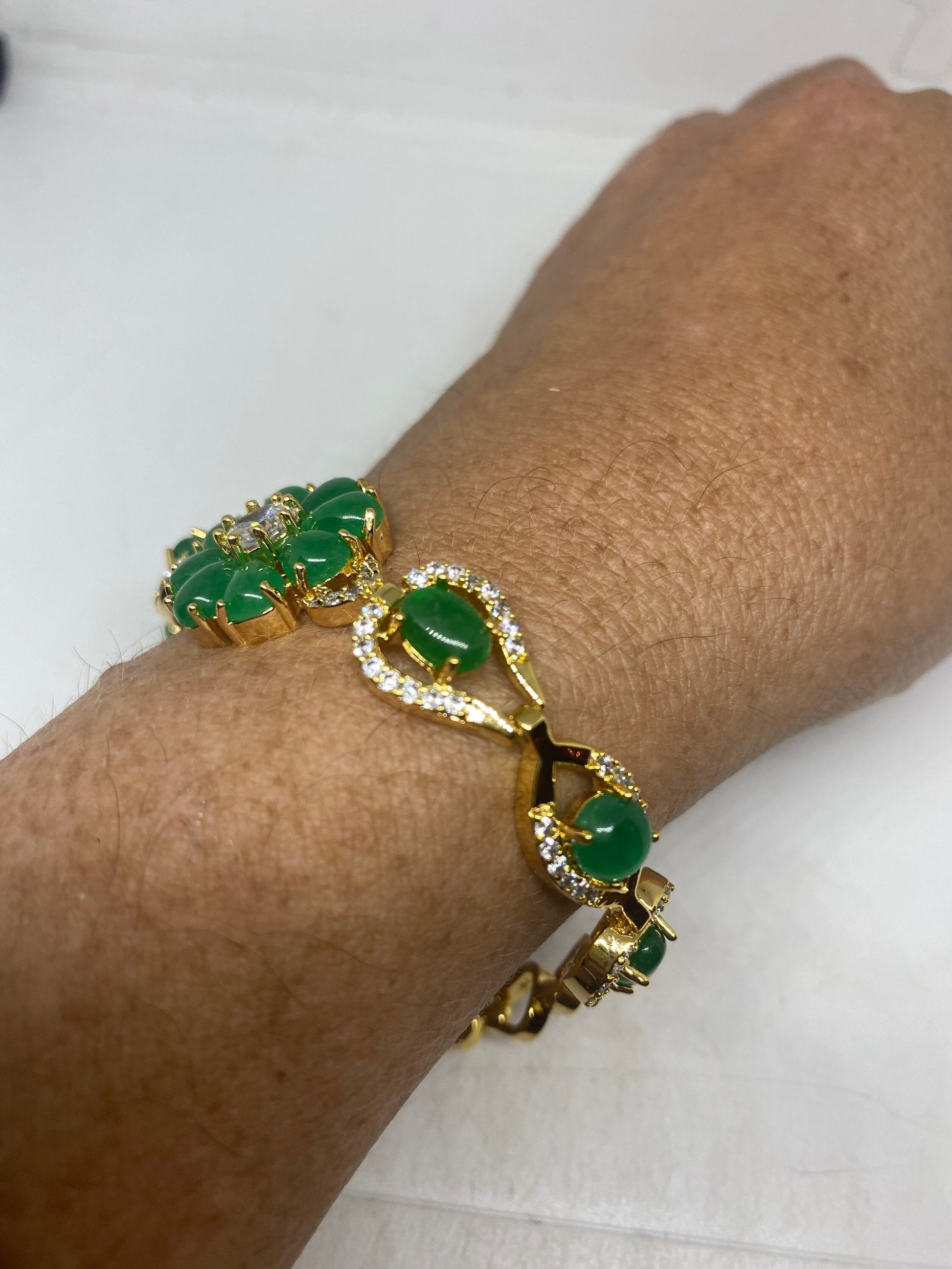 Vintage Green Jade Bracelet Golden White Bronze