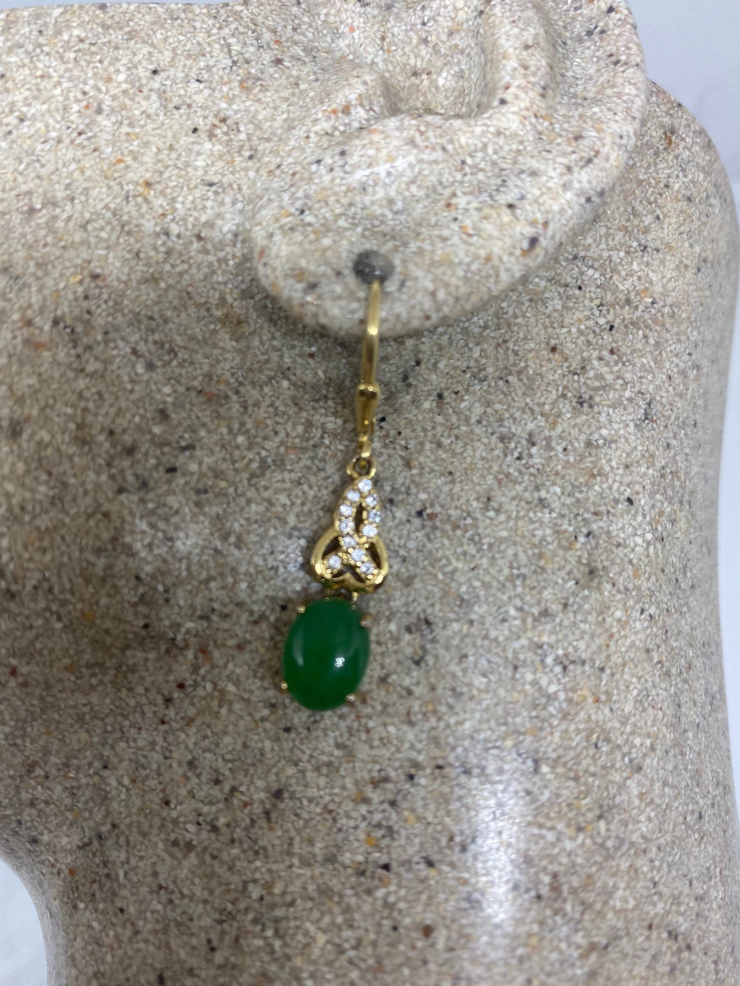 Vintage Fun Green Jade Gemstone Golden Bronze Gold filled Lever Back Earrings