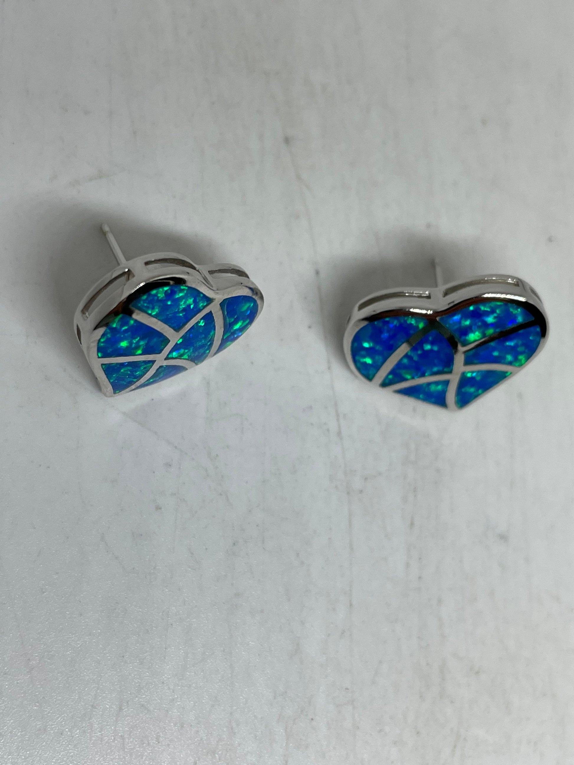 Vintage Blue OpalHEart Earrings 925 Sterling Silver Stud Button