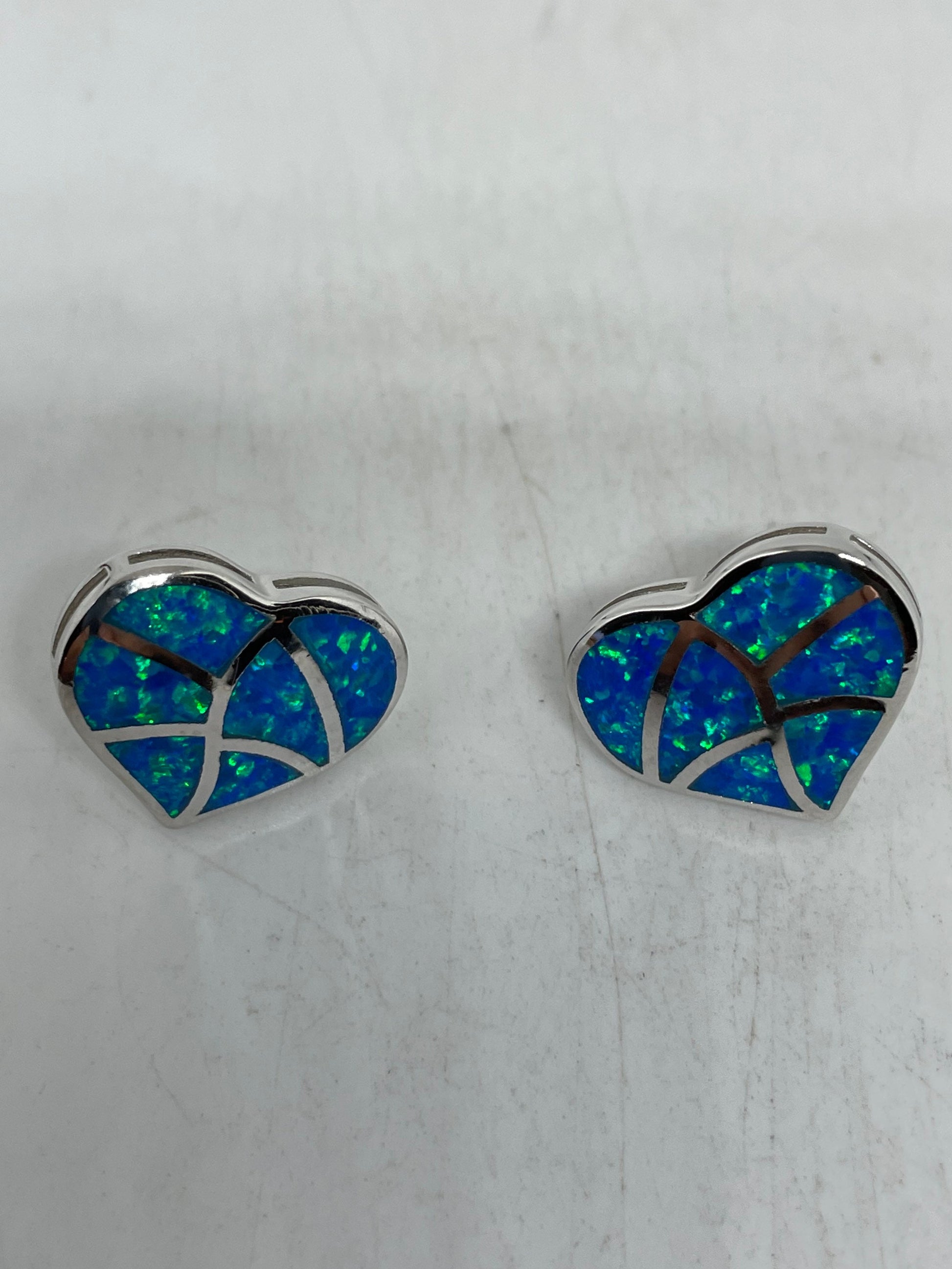 Vintage Blue OpalHEart Earrings 925 Sterling Silver Stud Button