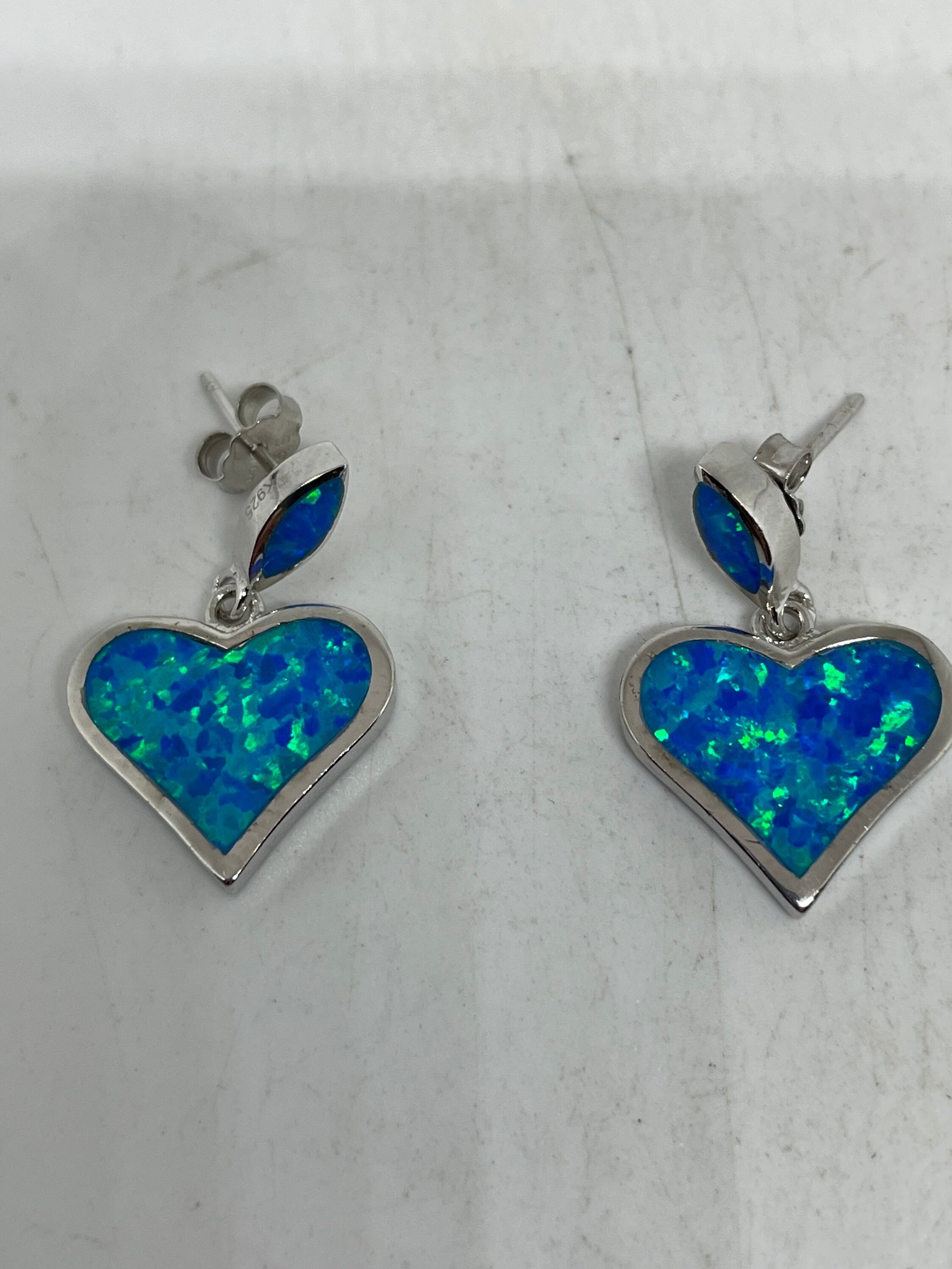 Vintage Blue OpalHEart Earrings 925 Sterling Silver Stud Button