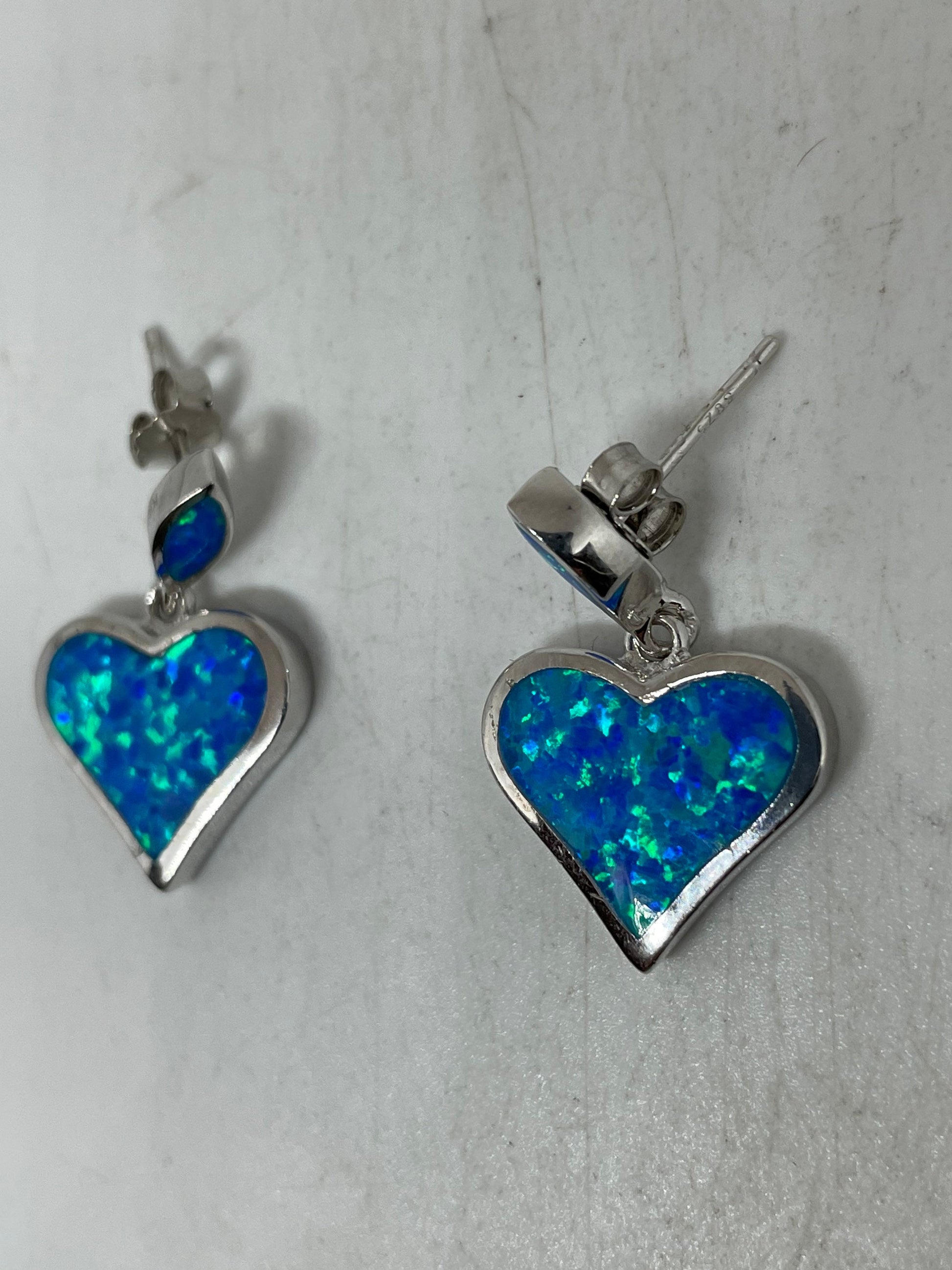 Vintage Blue OpalHEart Earrings 925 Sterling Silver Stud Button