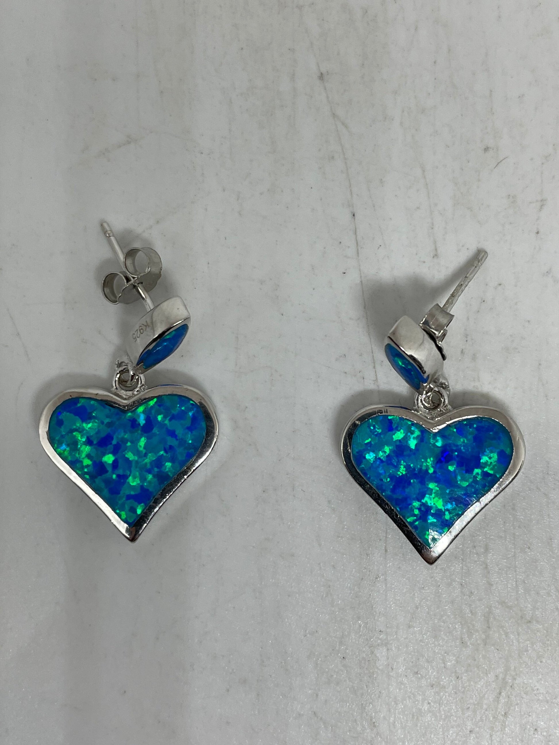 Vintage Blue OpalHEart Earrings 925 Sterling Silver Stud Button