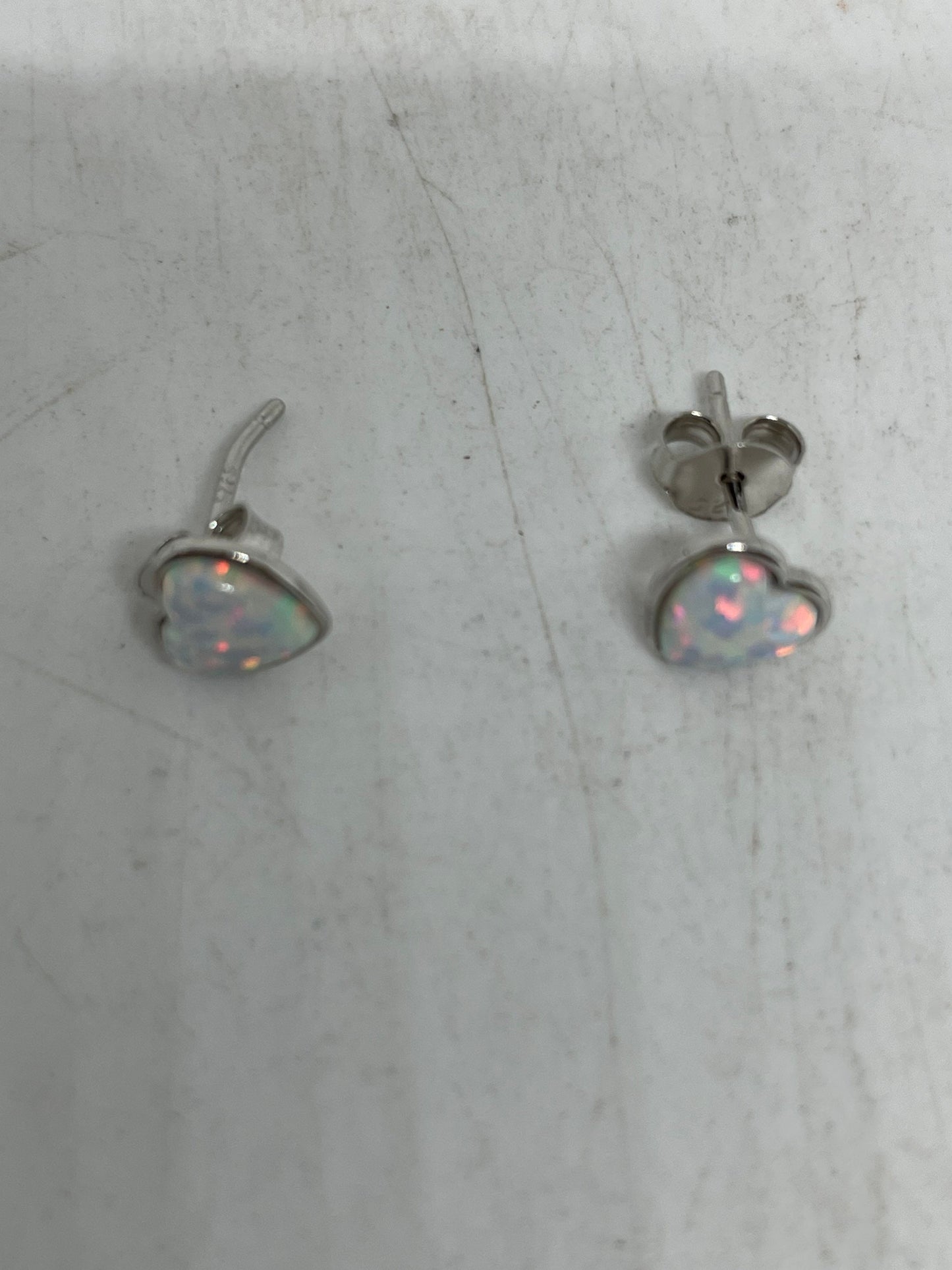 Vintage White Opal HEart Earrings 925 Sterling Silver Stud Button