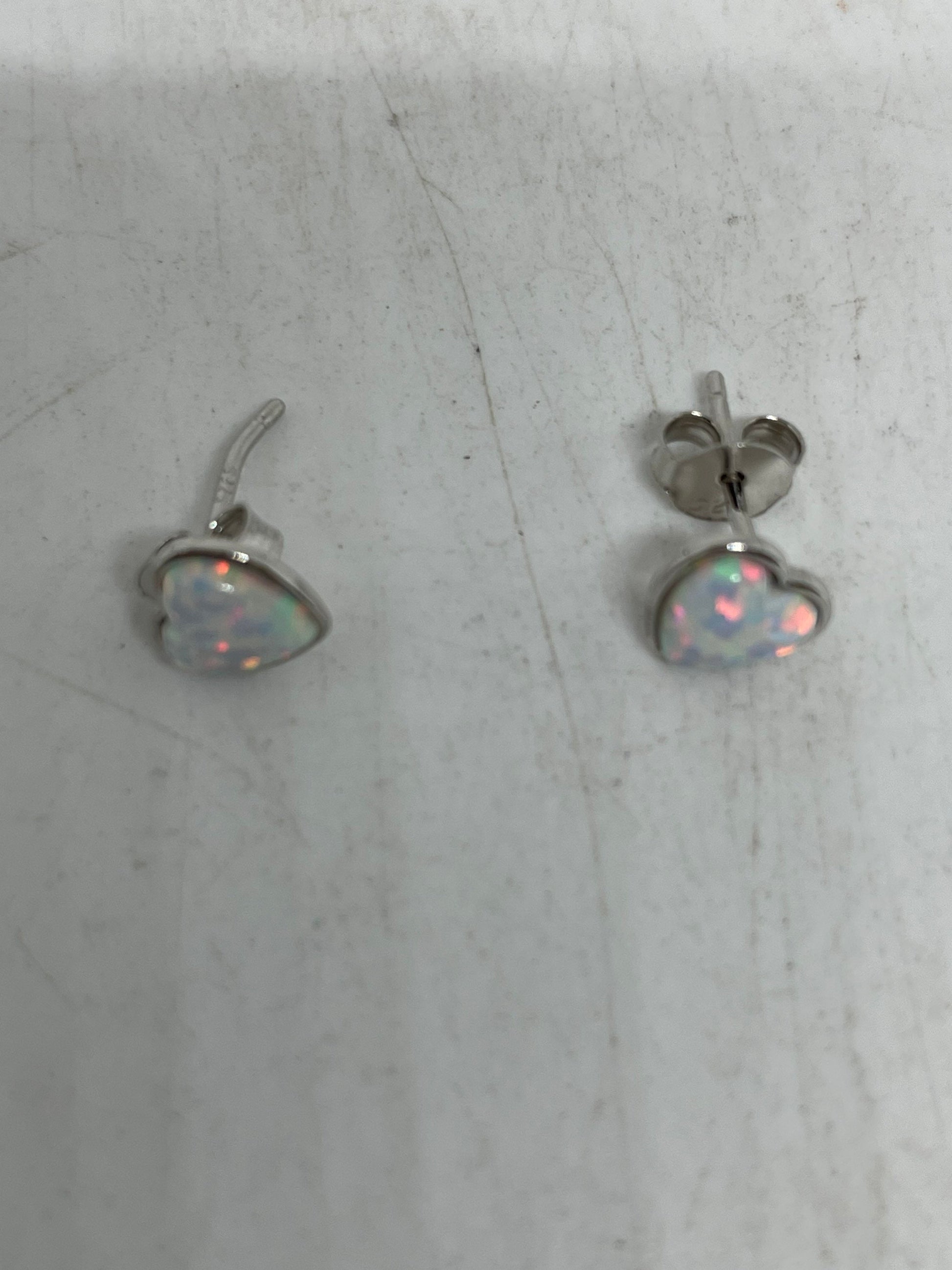 Vintage White Opal HEart Earrings 925 Sterling Silver Stud Button