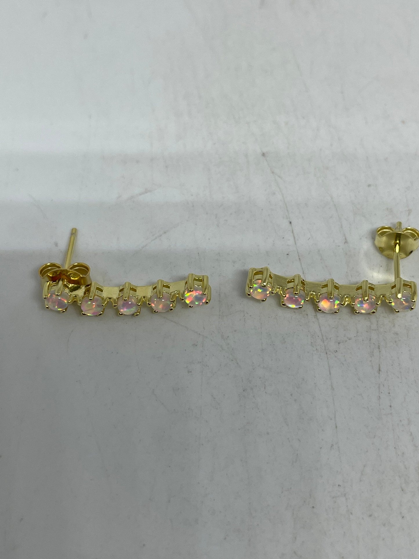 Vintage White Opal Earrings Golden 925 Sterling Silver Stud Button