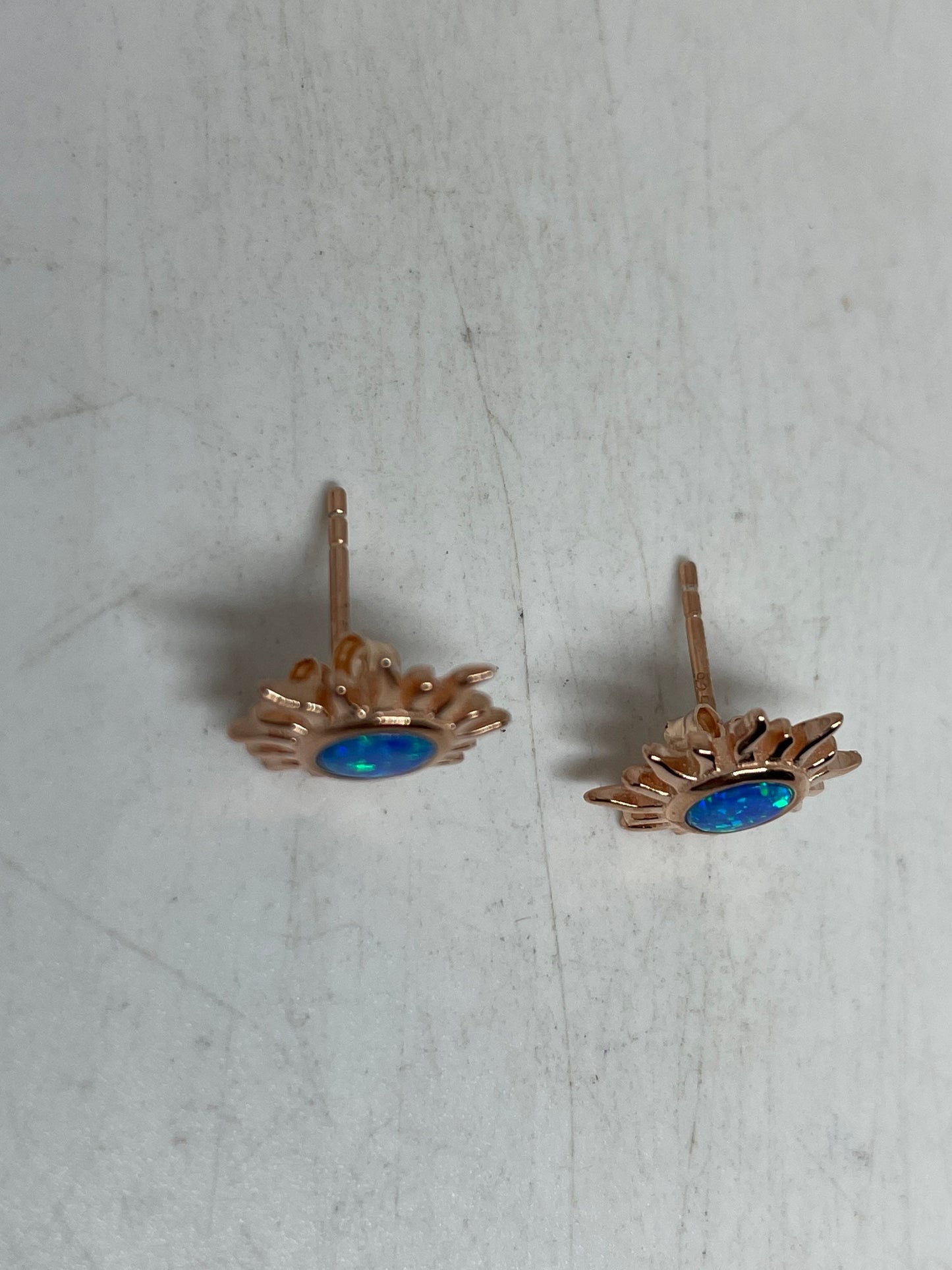 Vintage Blue Opal Earrings Rose Golden 925 Sterling Silver Stud Button