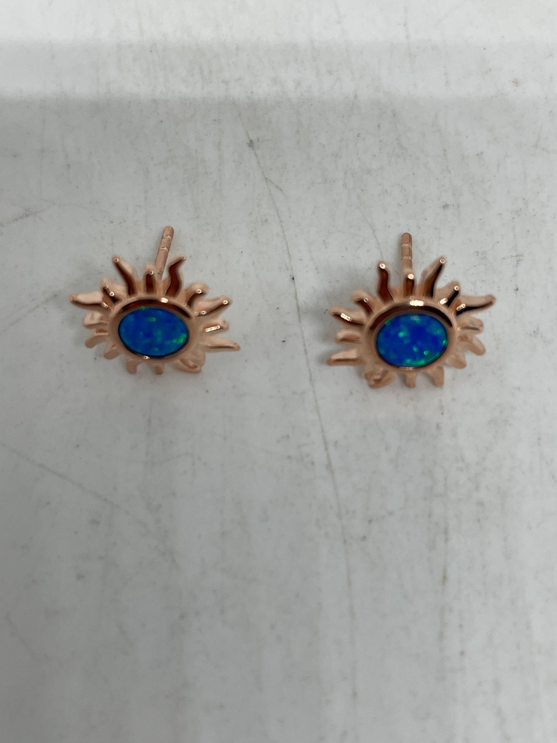 Vintage Blue Opal Earrings Rose Golden 925 Sterling Silver Stud Button