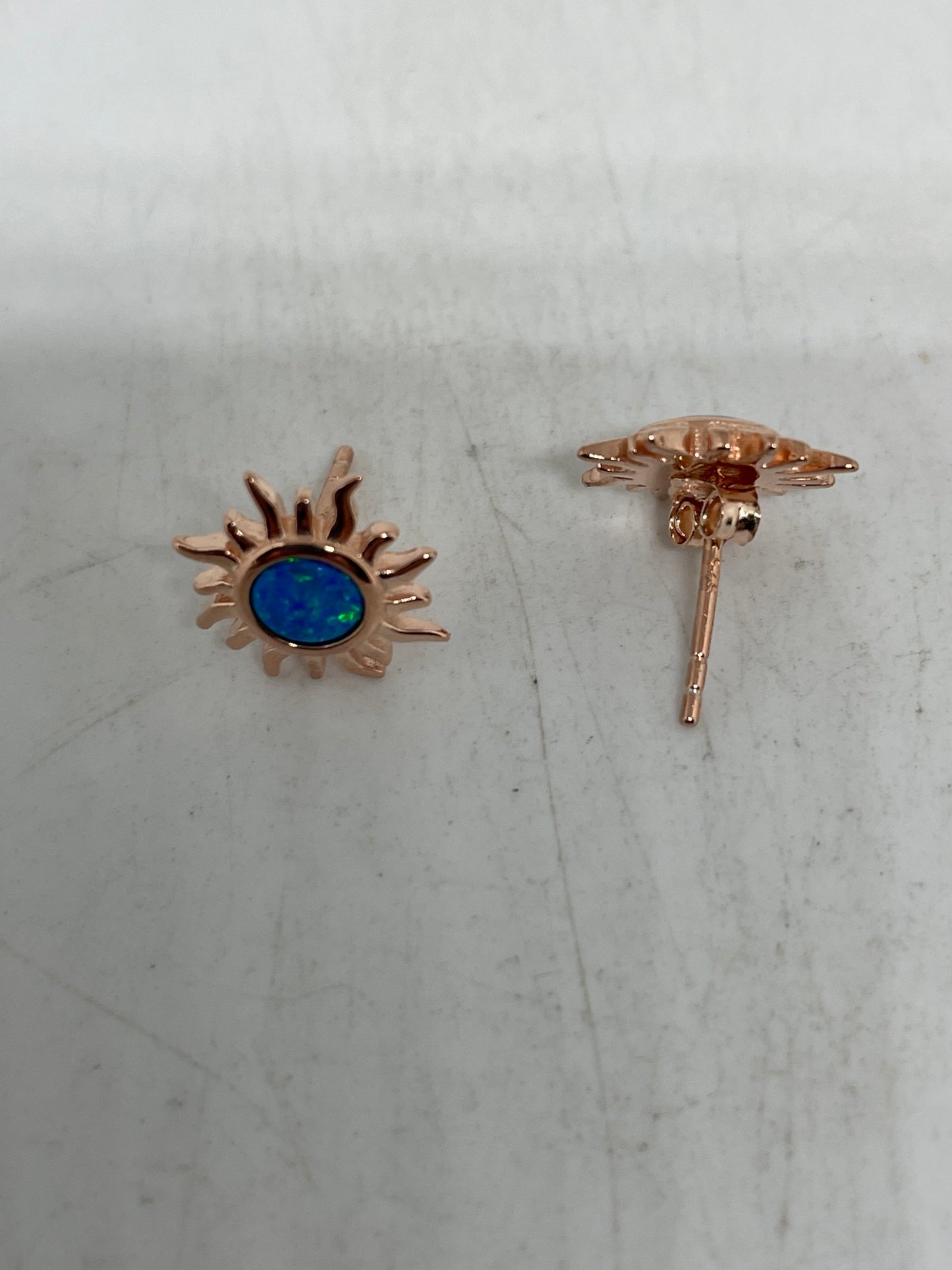 Vintage Blue Opal Earrings Rose Golden 925 Sterling Silver Stud Button