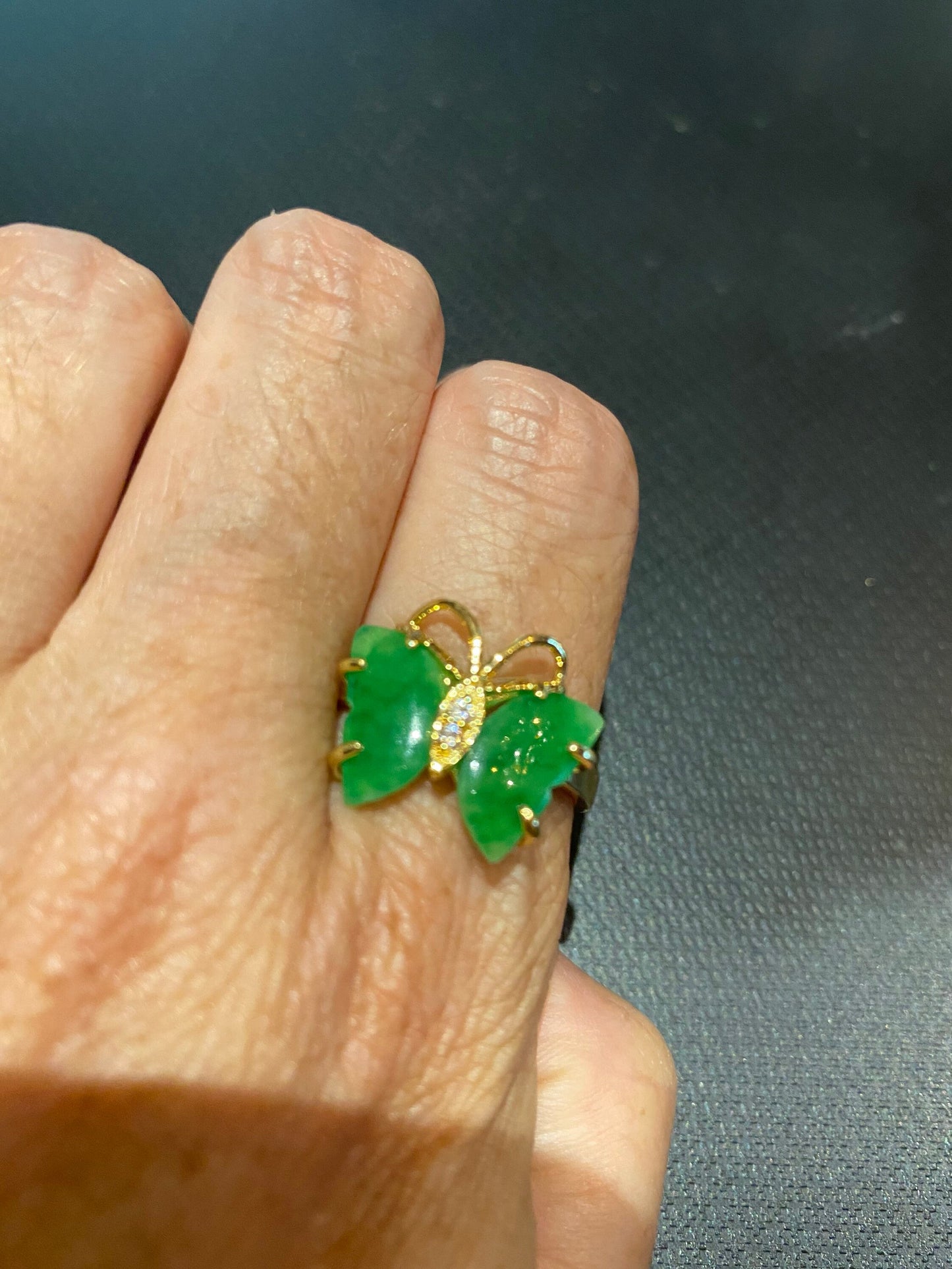 Vintage Lucky Green Nephrite Jade Gold Filled Cocktail Ring