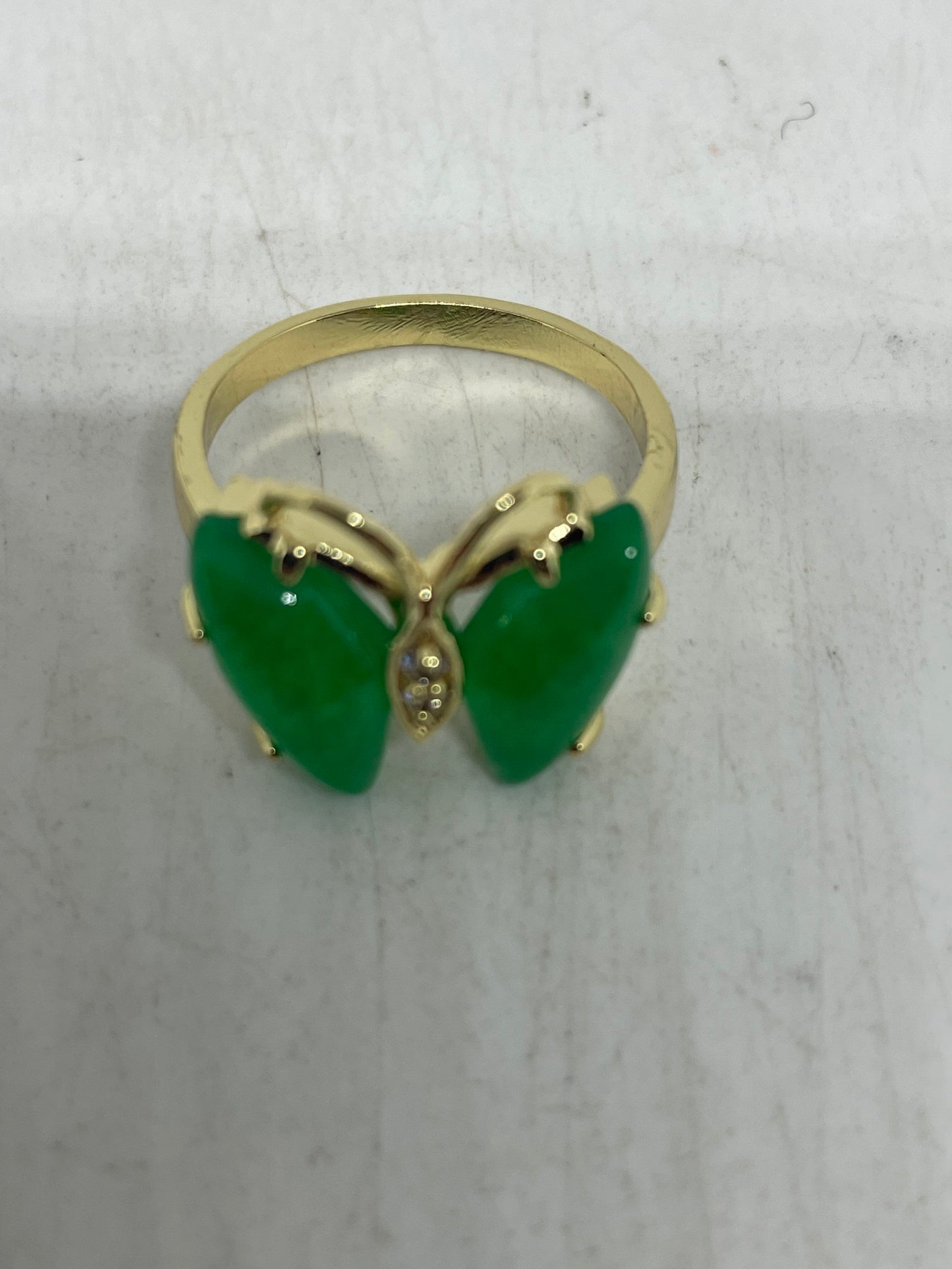 Vintage Lucky Green Nephrite Jade Gold Filled Cocktail Ring