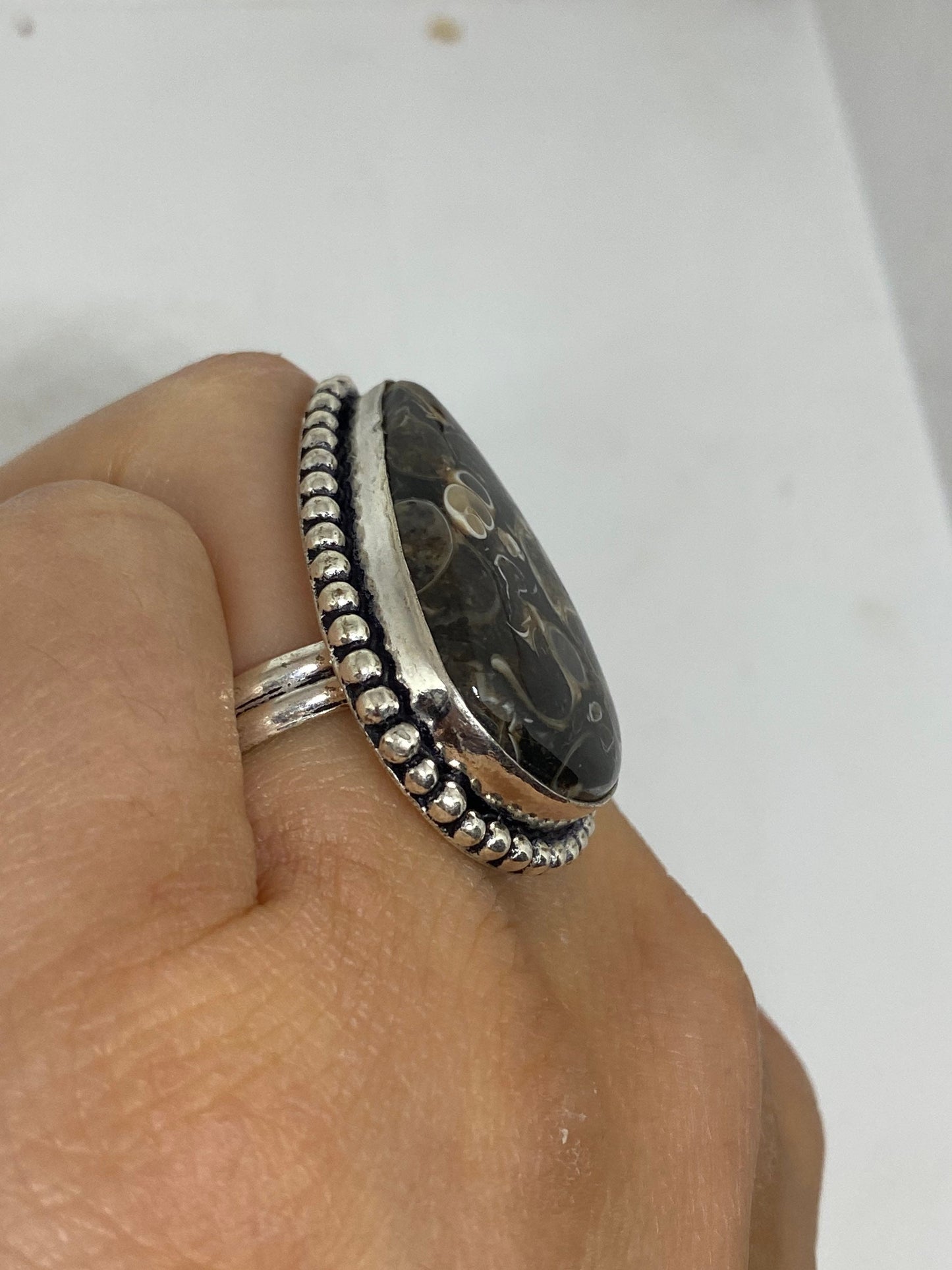 Vintage Brown Fossil agate Cocktail Ring