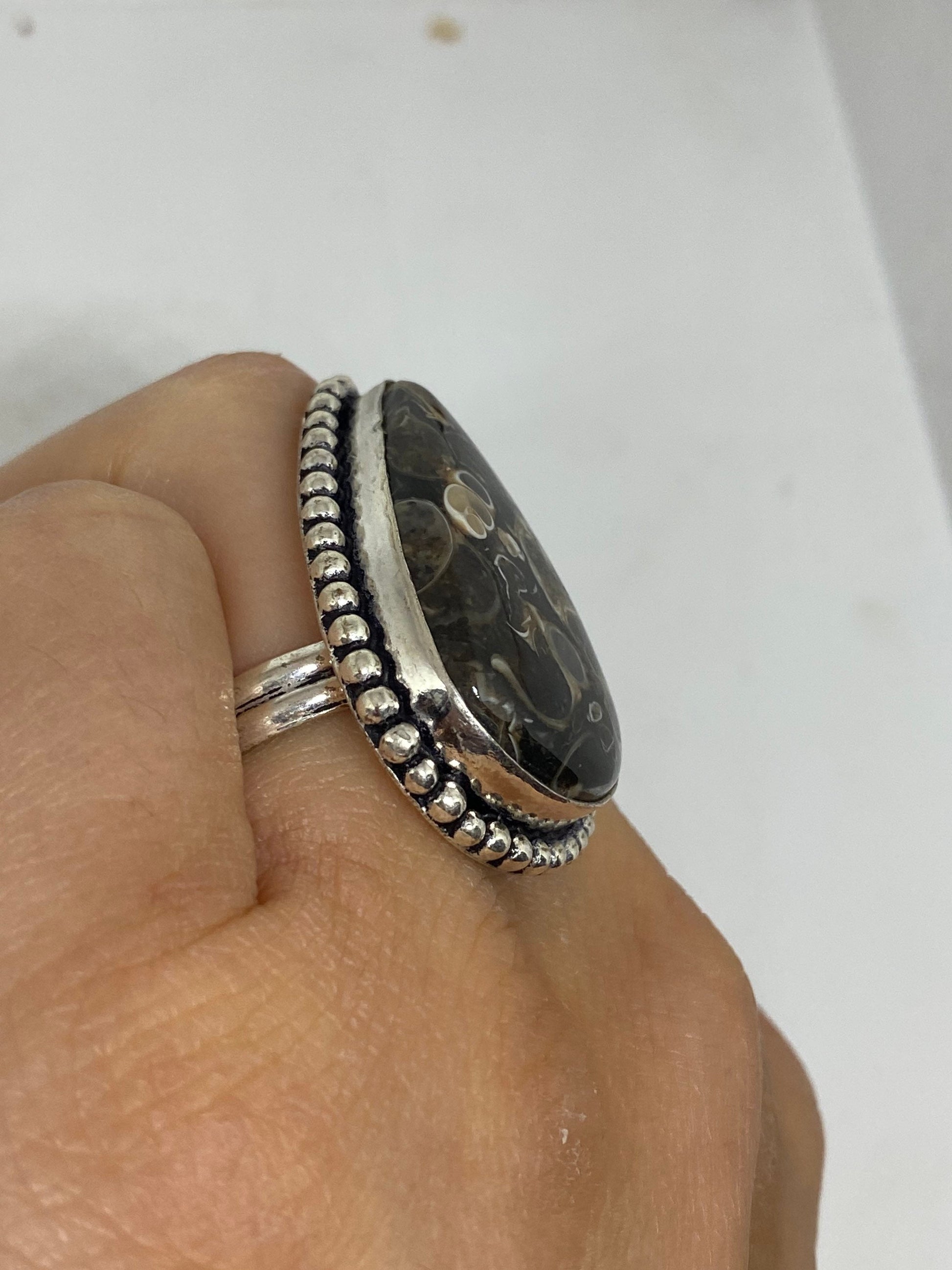 Vintage Brown Fossil agate Cocktail Ring