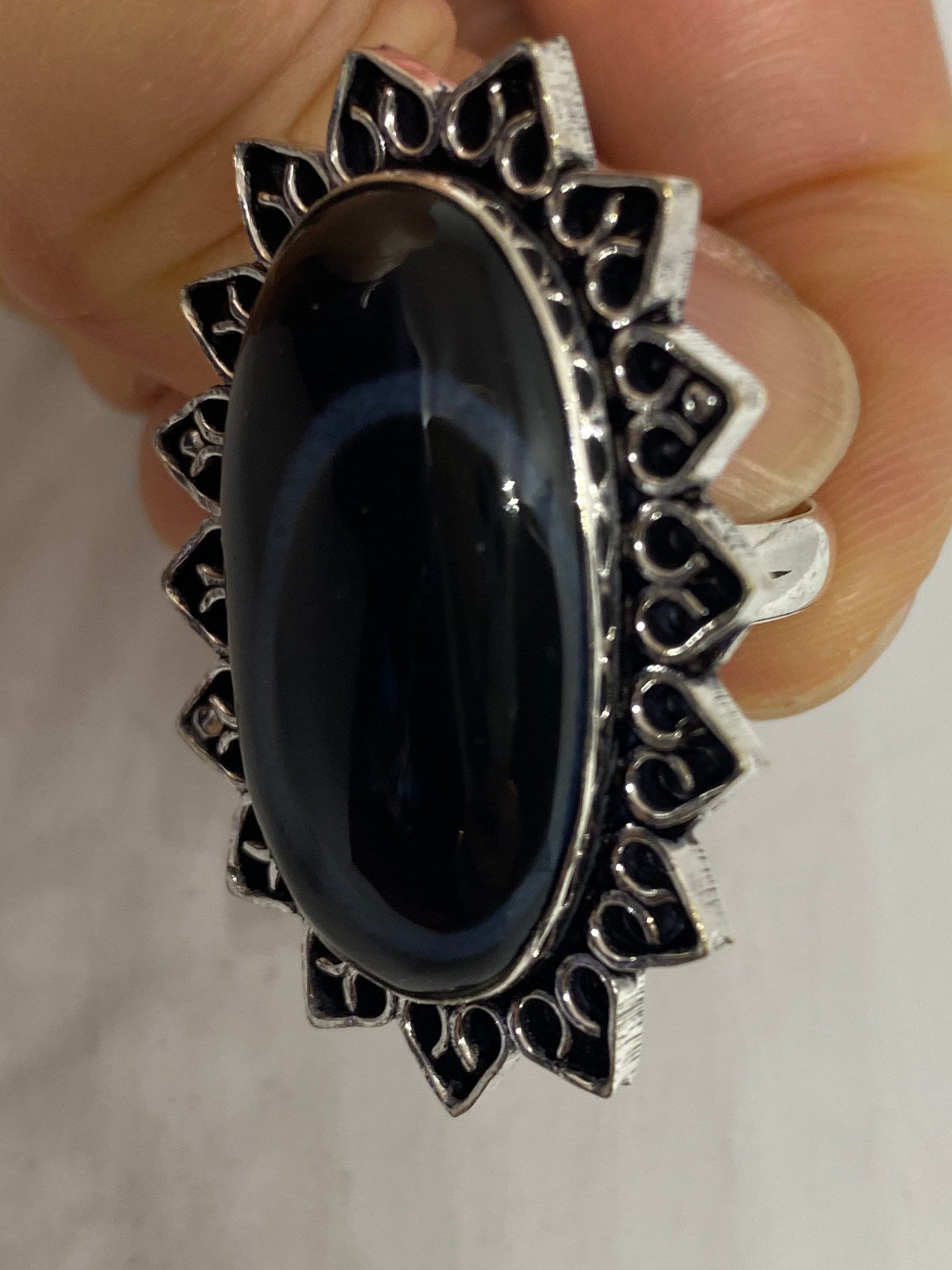 Vintage Handmade Black and White agate White Bronze Silver Gothic Ring
