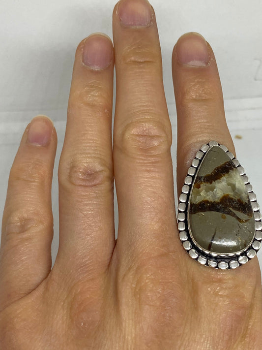 Vintage Brown Agate Silver Ring Size 10