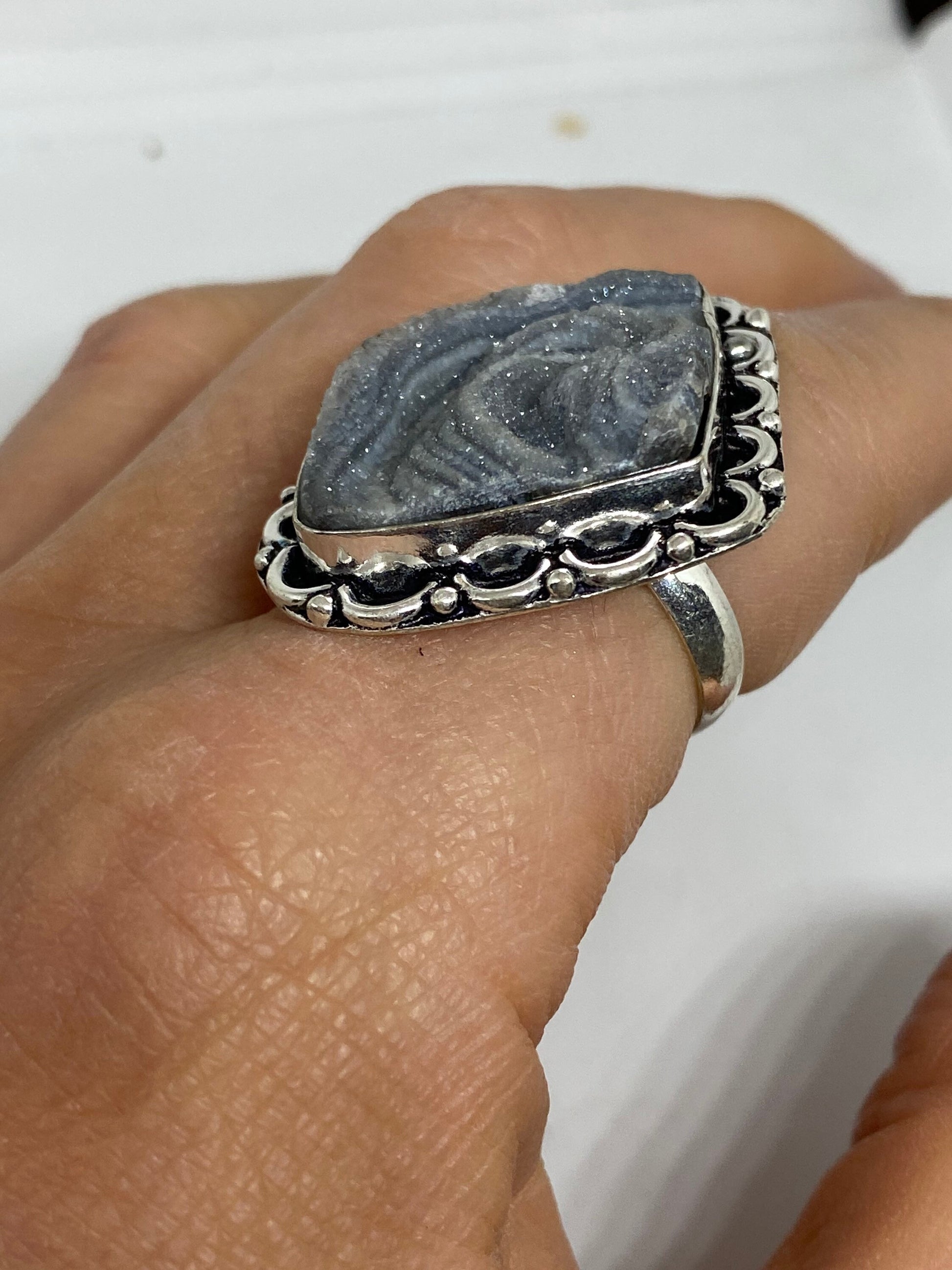 Vintage Gray Genuine Chalcedony Rose Crystal Ring