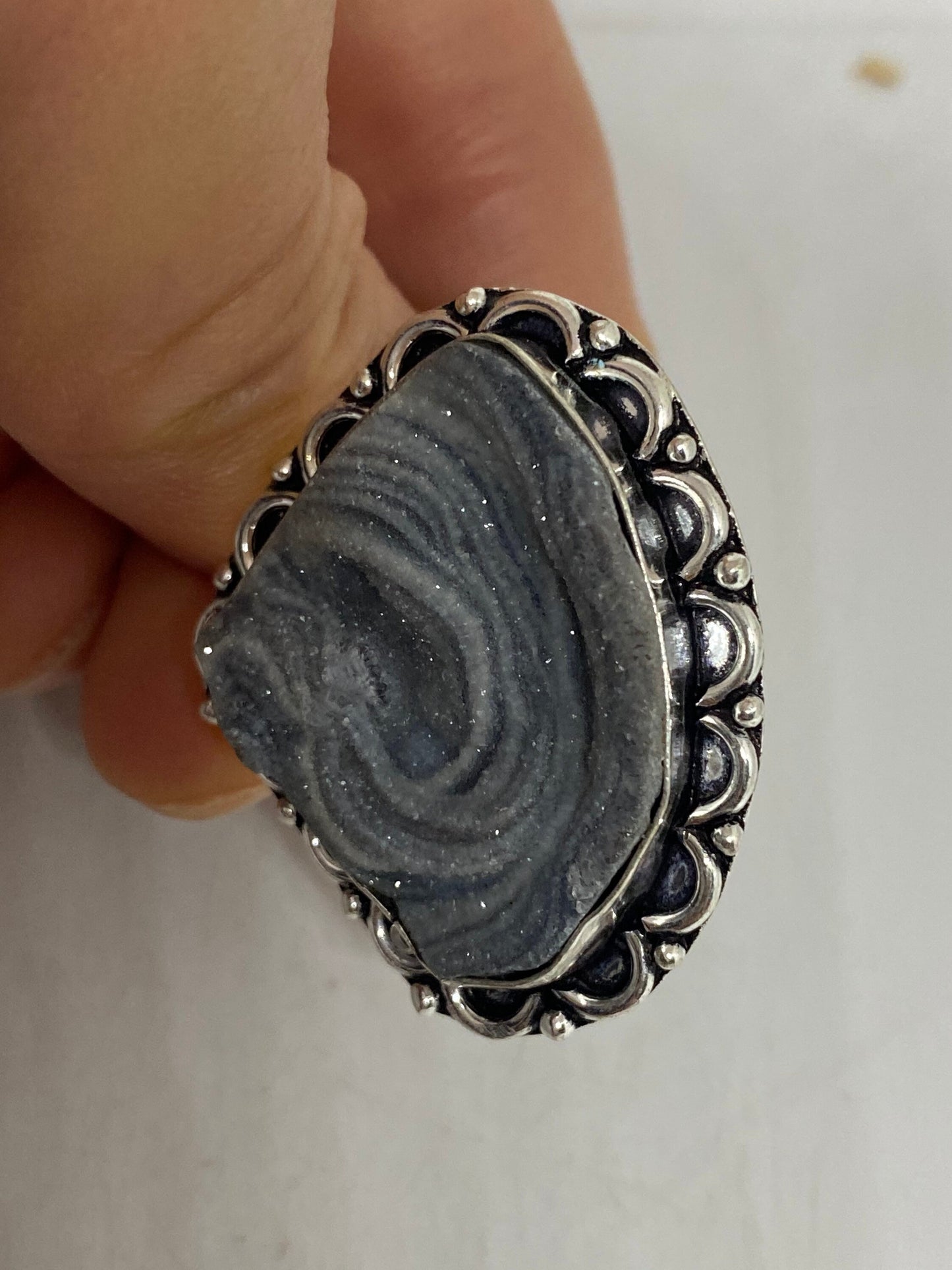 Vintage Gray Genuine Chalcedony Rose Crystal Ring